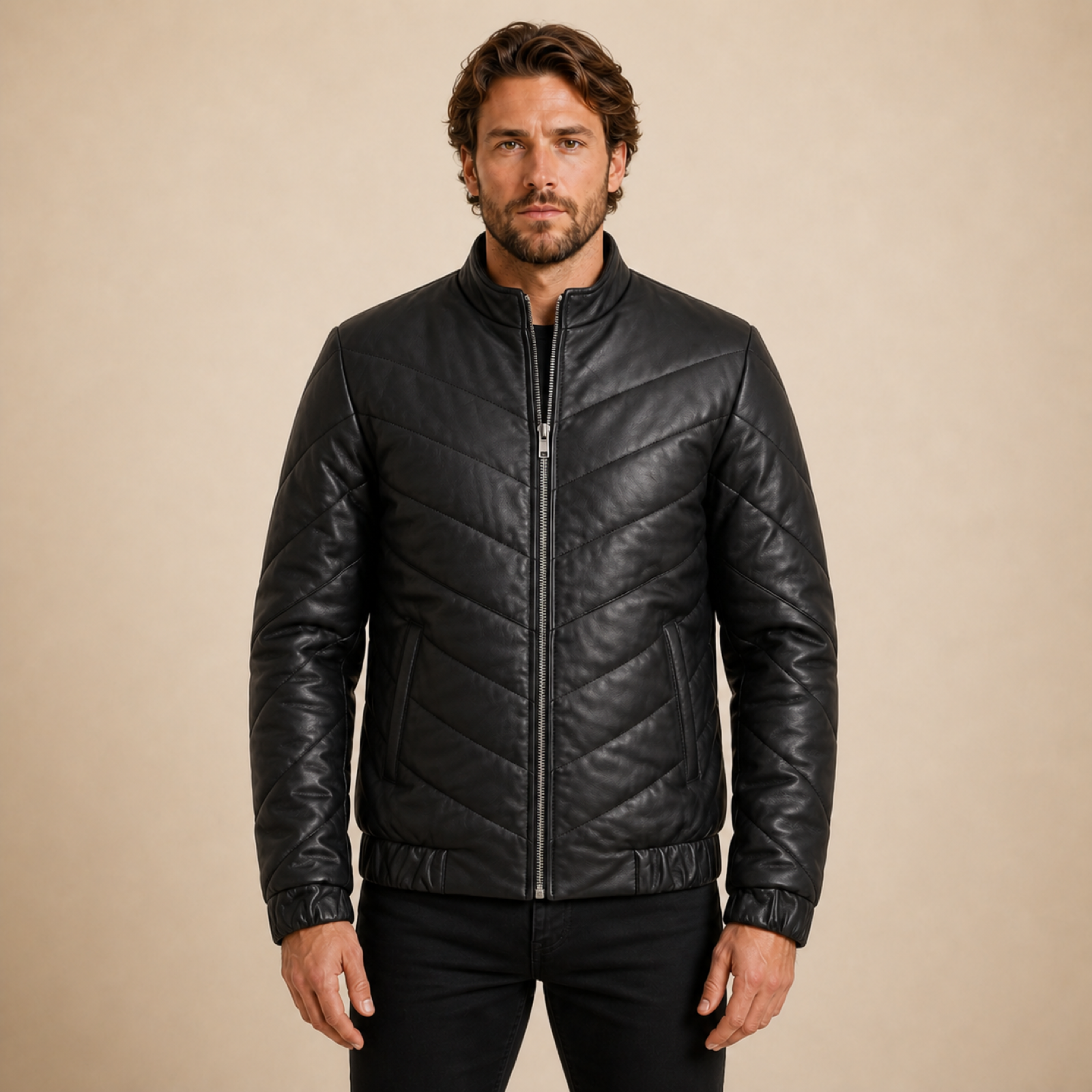 Front view of a man wearing a MOTOGRIP GEAR black chevron quilted sheepskin leather puffer jacket.