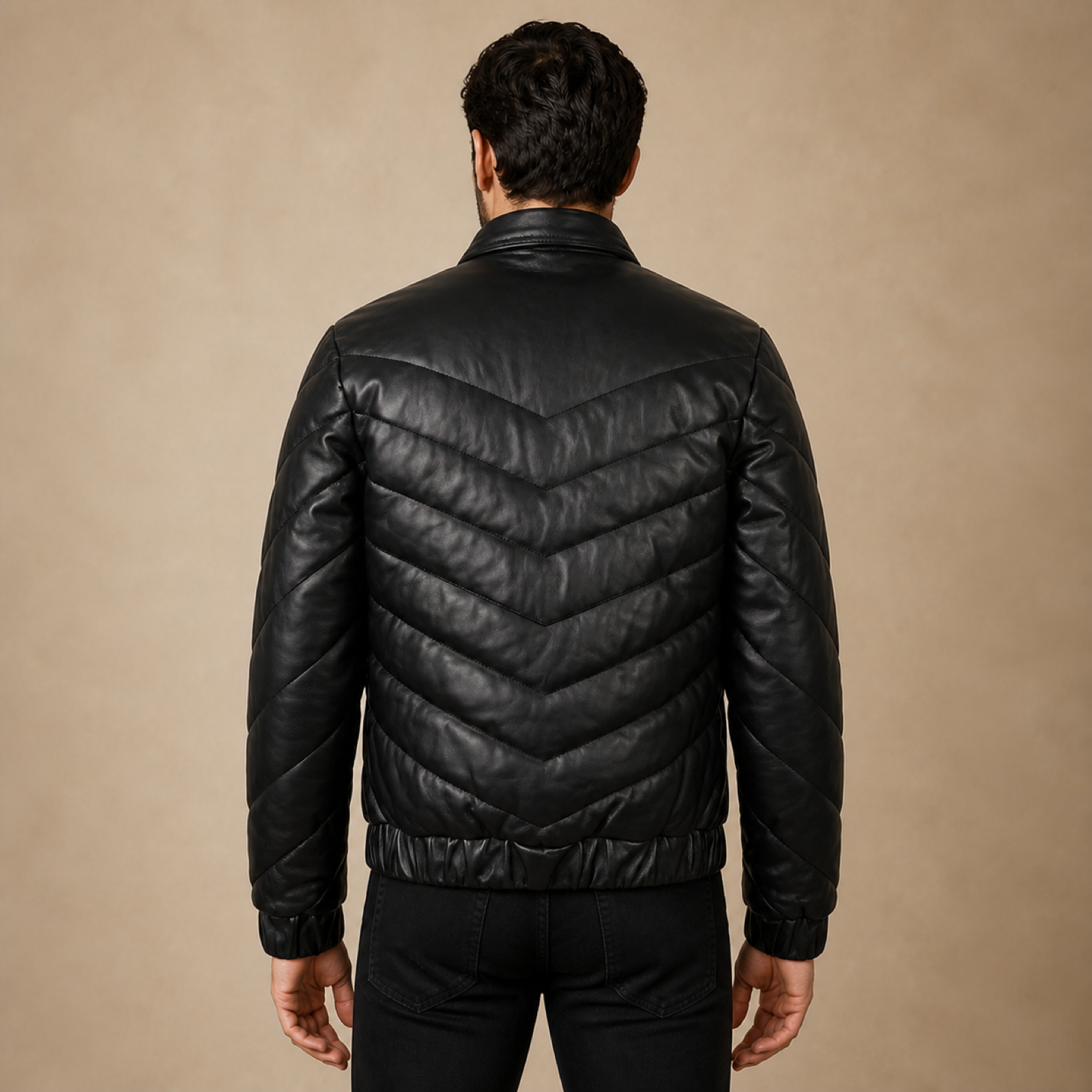 Men's Black Chevron Quilted Sheepskin Leather Puffer Jacket image 2