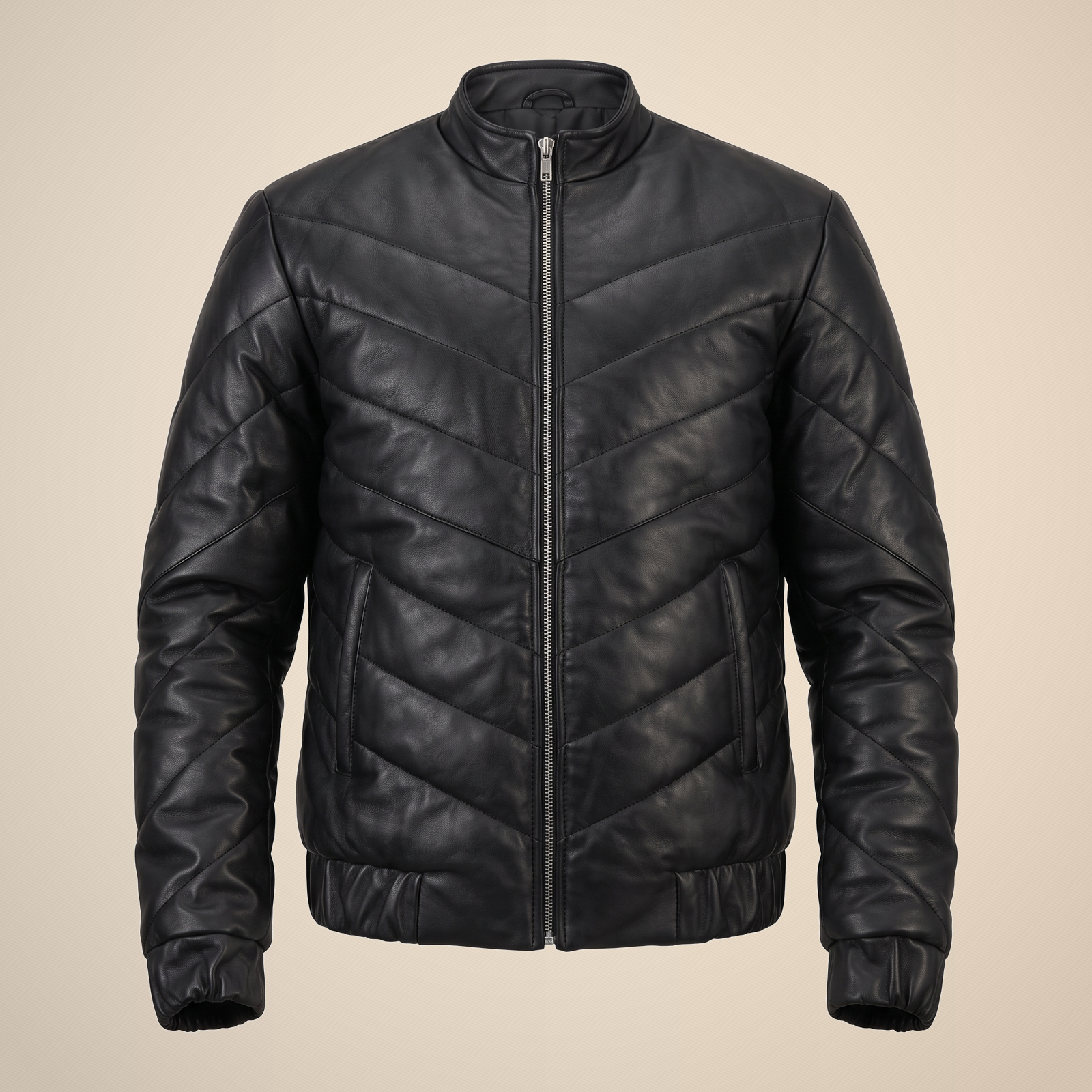 Men's Black Chevron Quilted Sheepskin Leather Puffer Jacket image 3