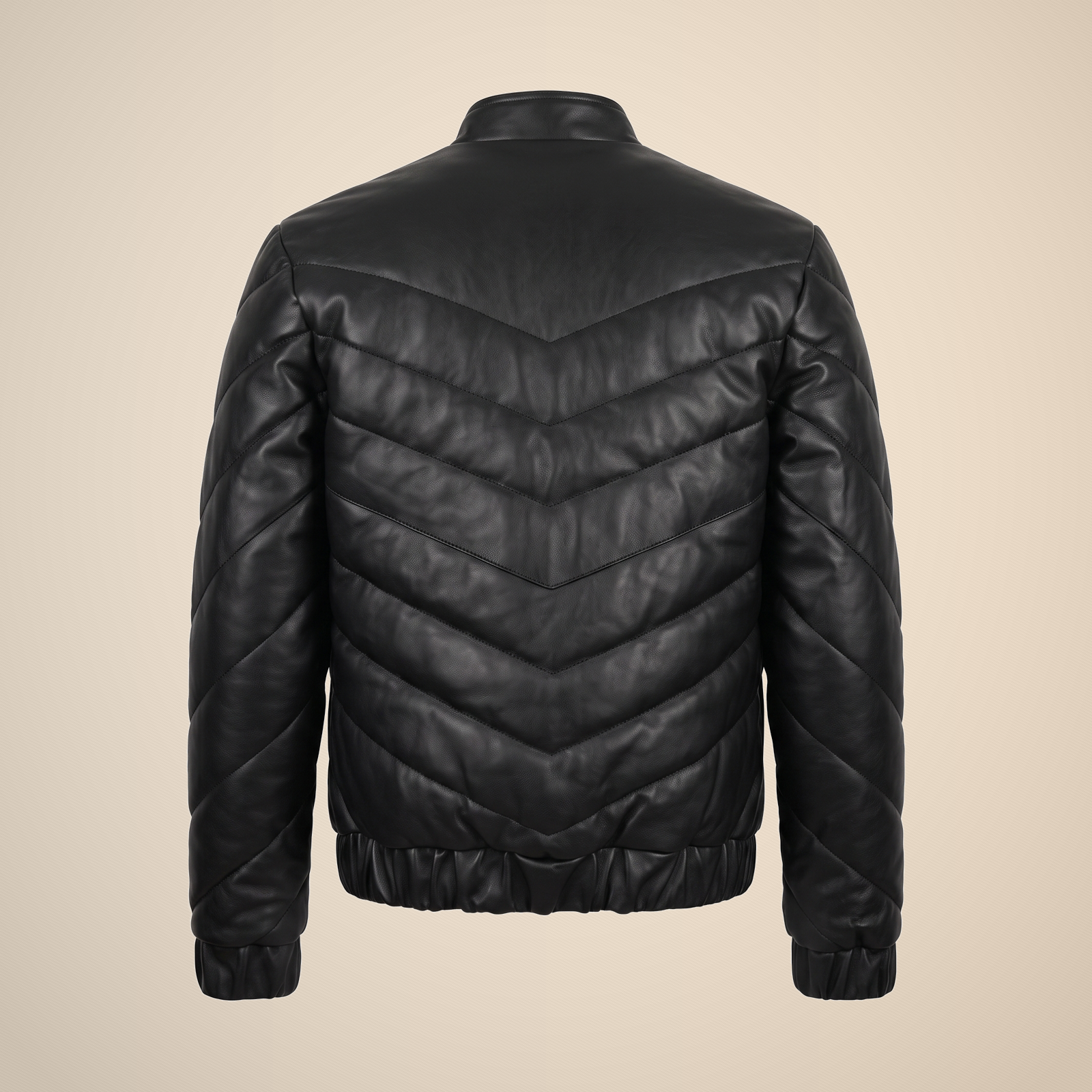 Men's Black Chevron Quilted Sheepskin Leather Puffer Jacket image 4