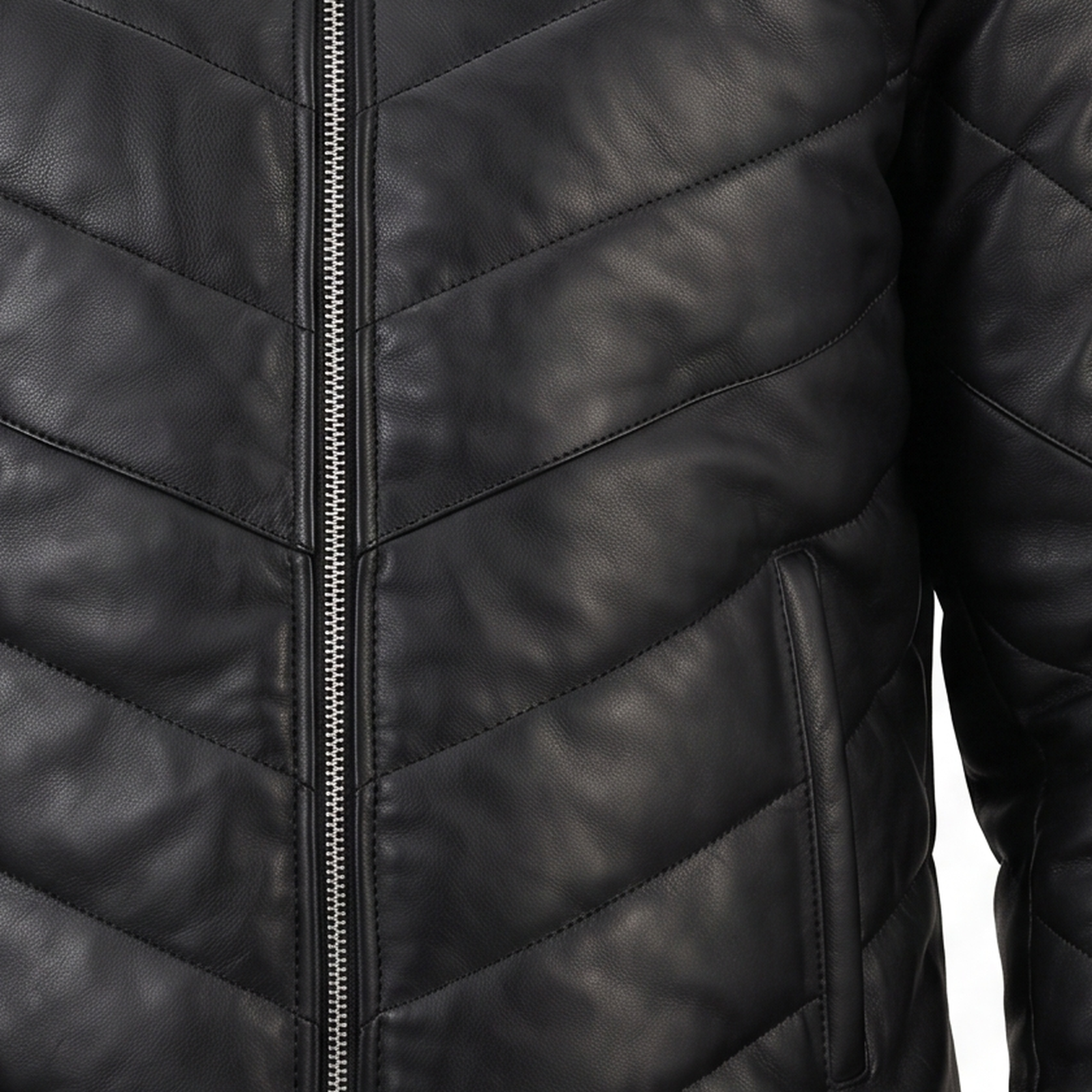 Men's Black Chevron Quilted Sheepskin Leather Puffer Jacket image 5