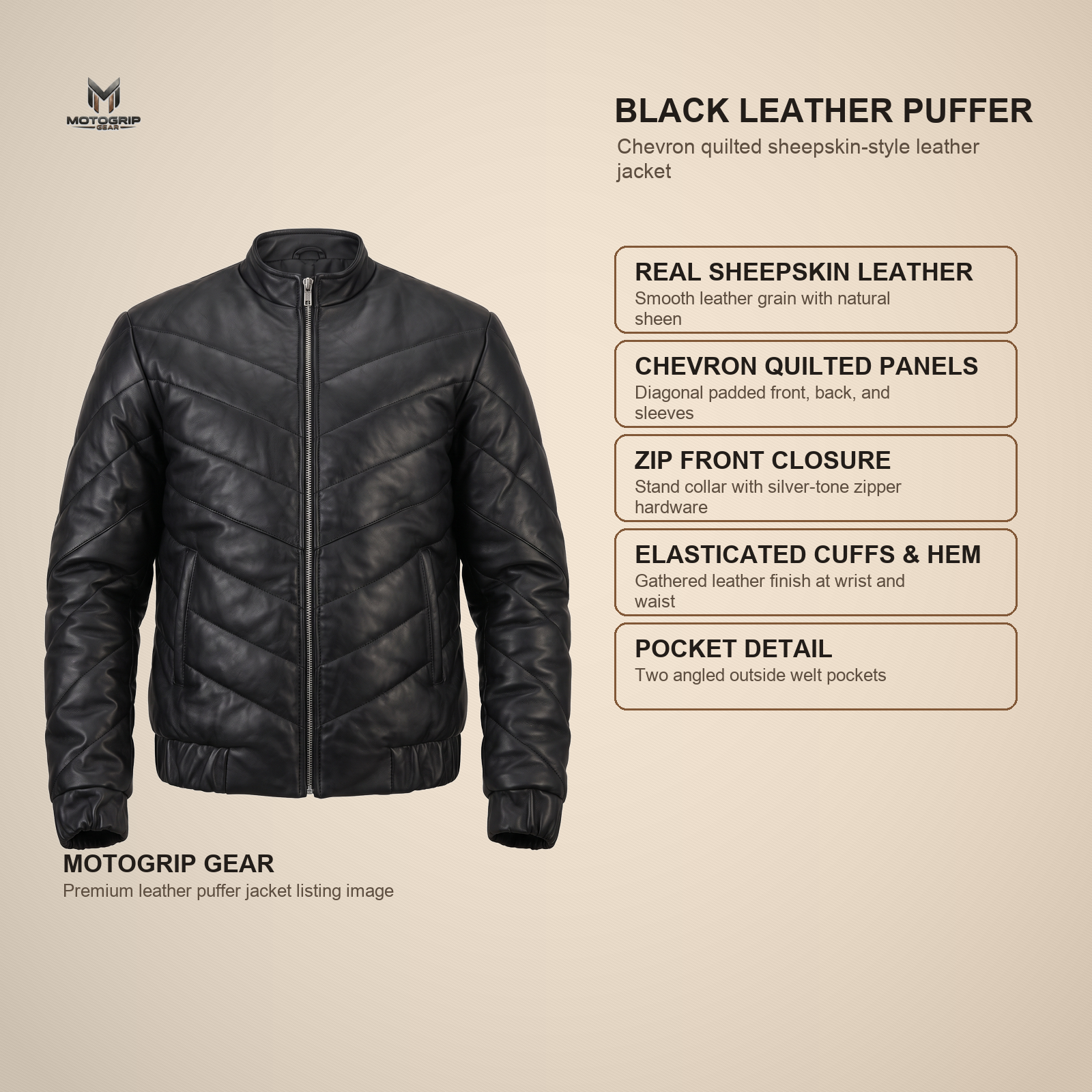Men's Black Chevron Quilted Sheepskin Leather Puffer Jacket image 6