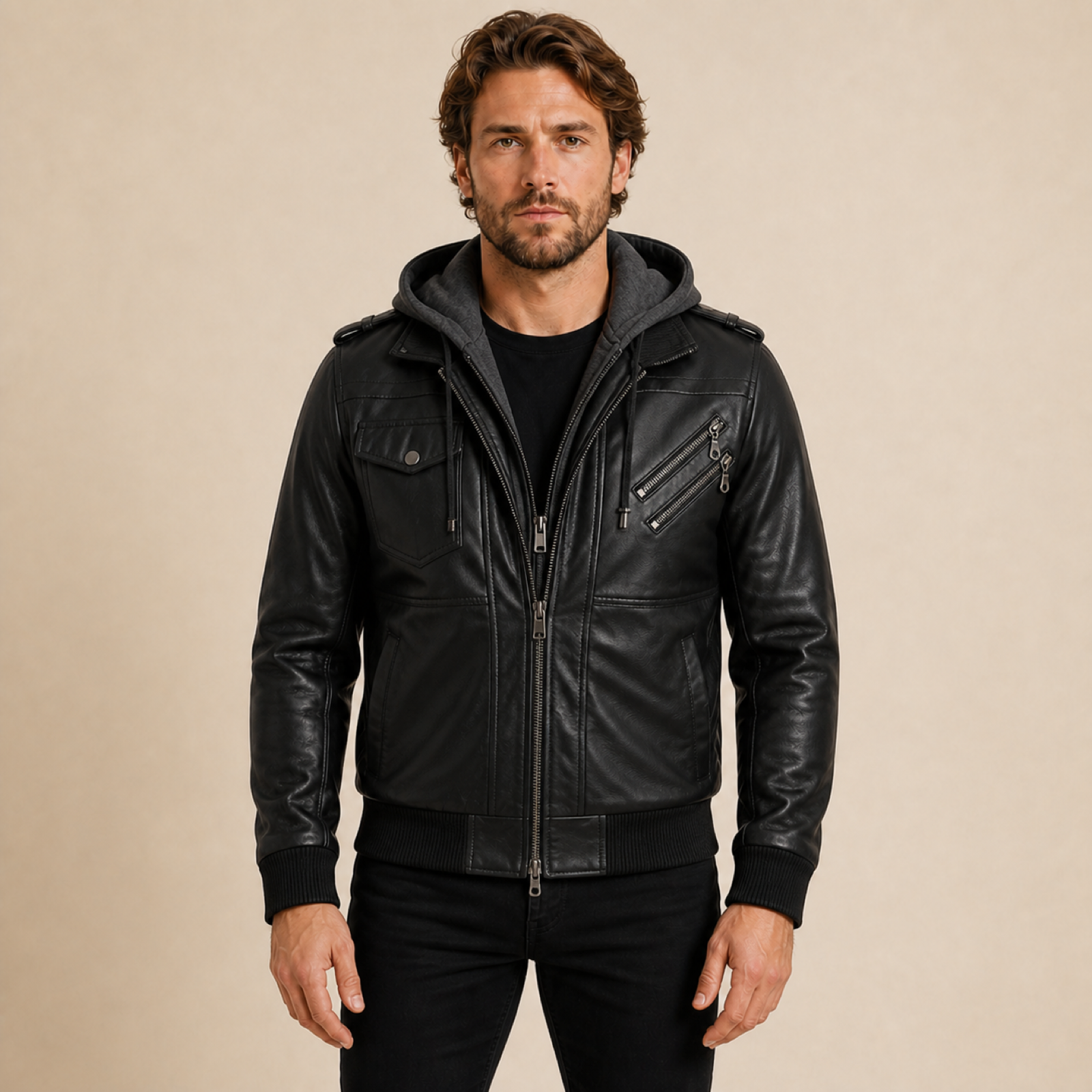 Man wearing a MOTOGRIP GEAR black lambskin leather bomber jacket with a charcoal-grey hood.
