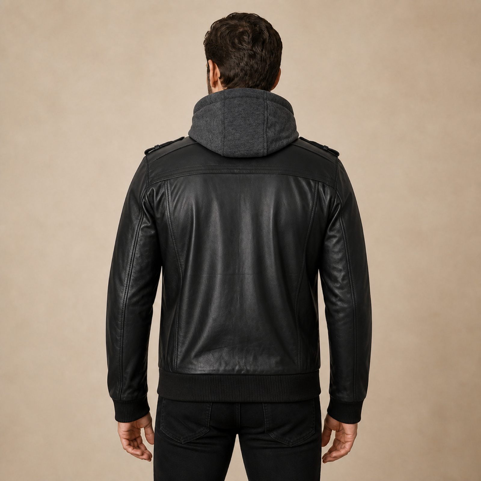 Men's Black and Charcoal-Grey Removable-Hood Lambskin Bomber Jacket image 2