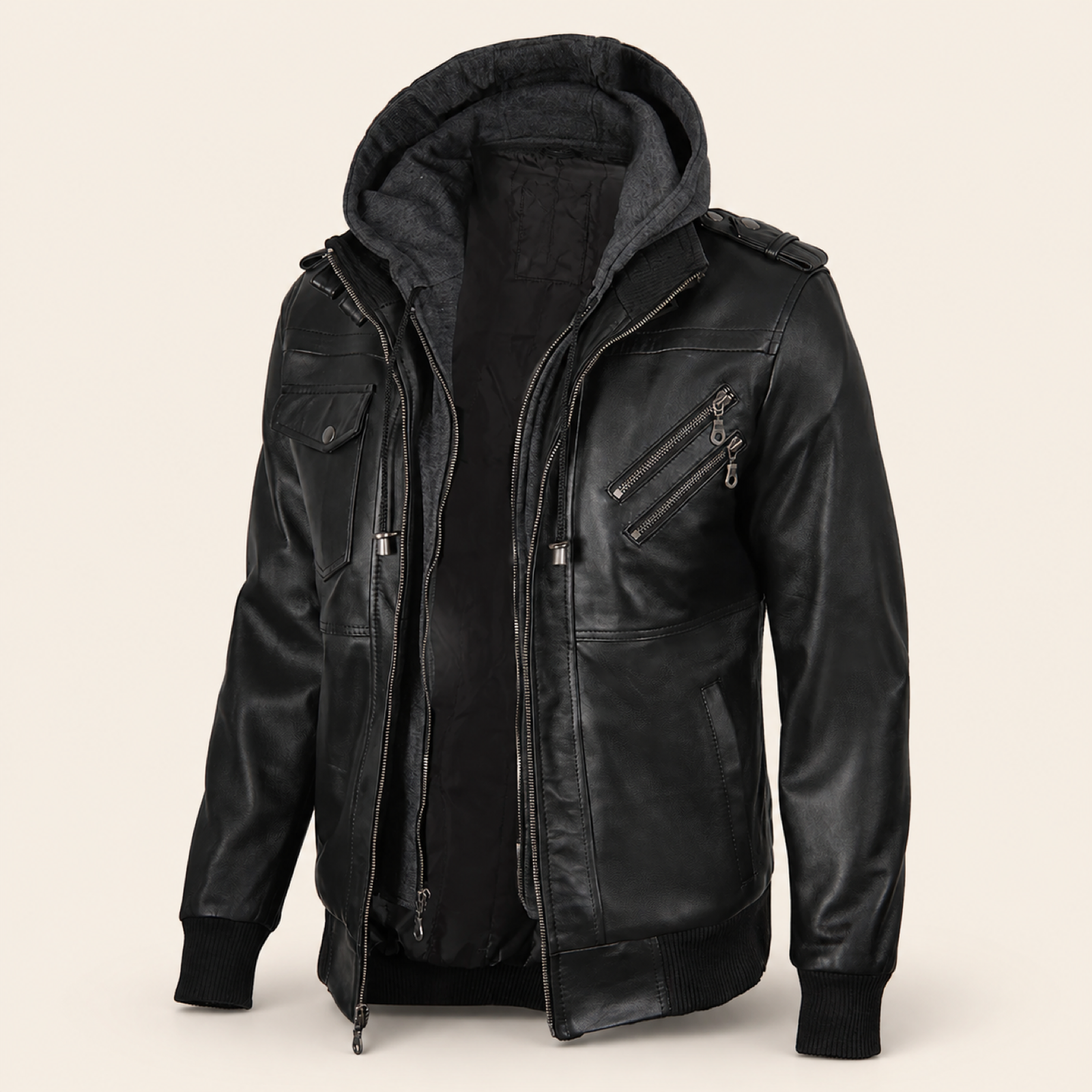 Men's Black and Charcoal-Grey Removable-Hood Lambskin Bomber Jacket image 3