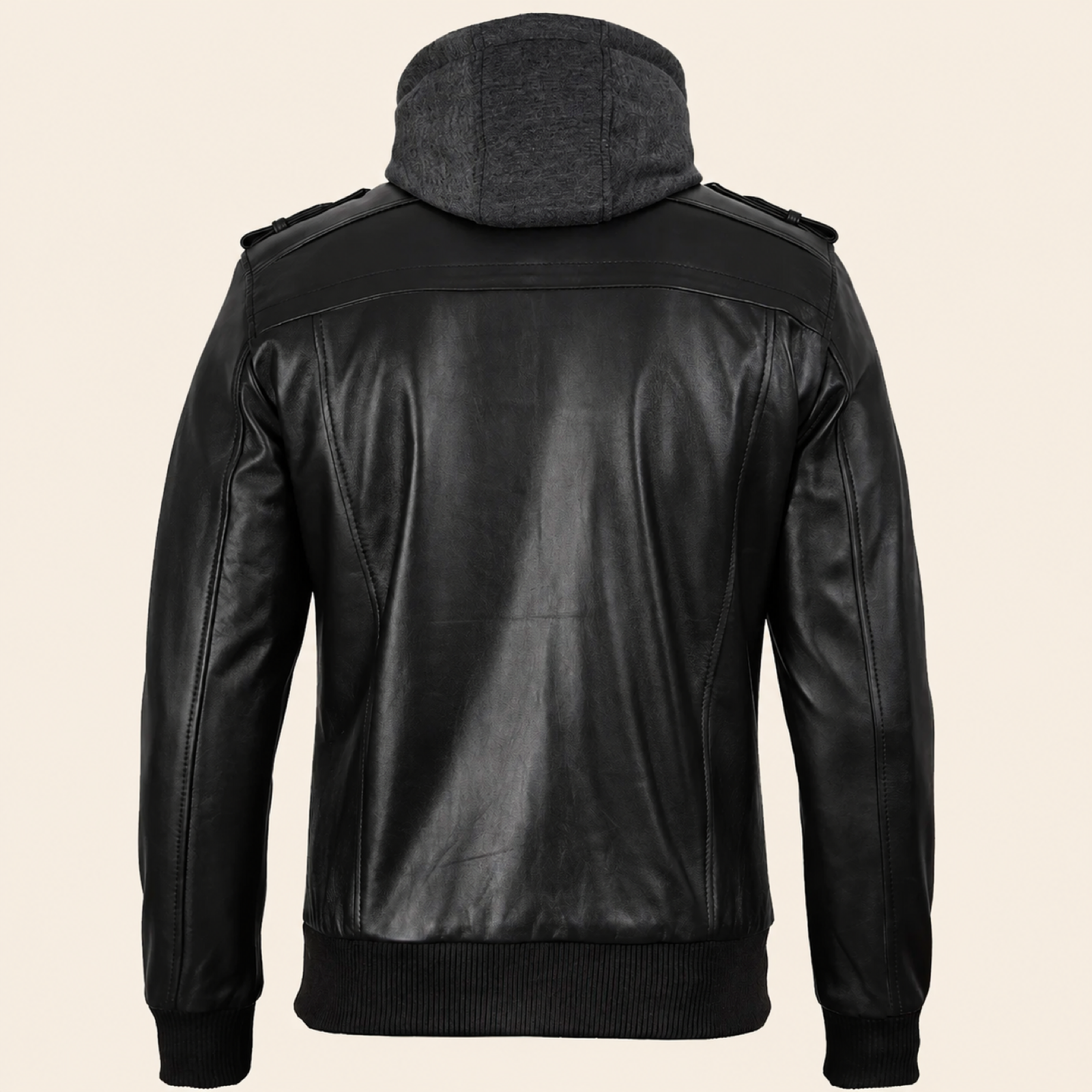 Men's Black and Charcoal-Grey Removable-Hood Lambskin Bomber Jacket image 4