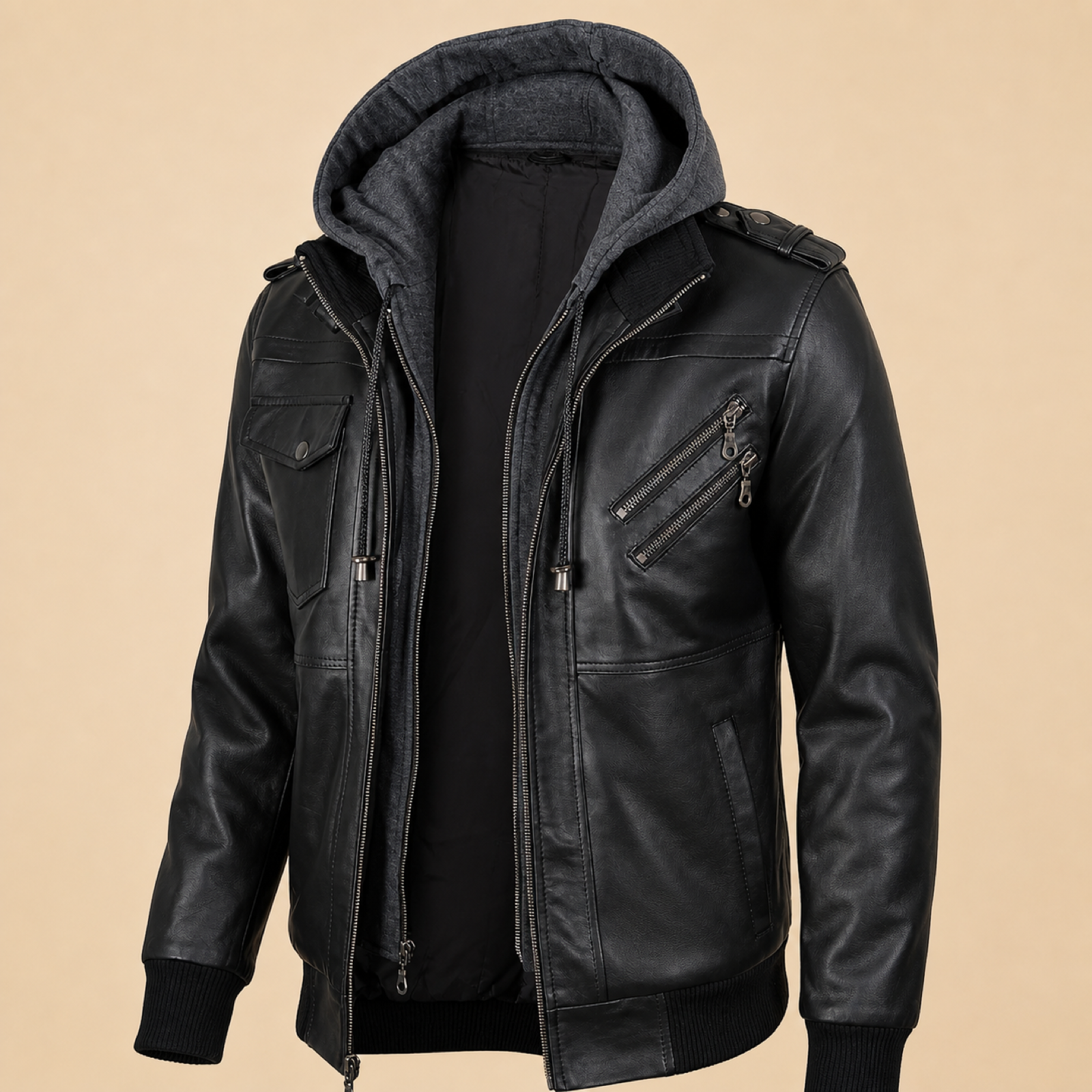 Men's Black and Charcoal-Grey Removable-Hood Lambskin Bomber Jacket image 5