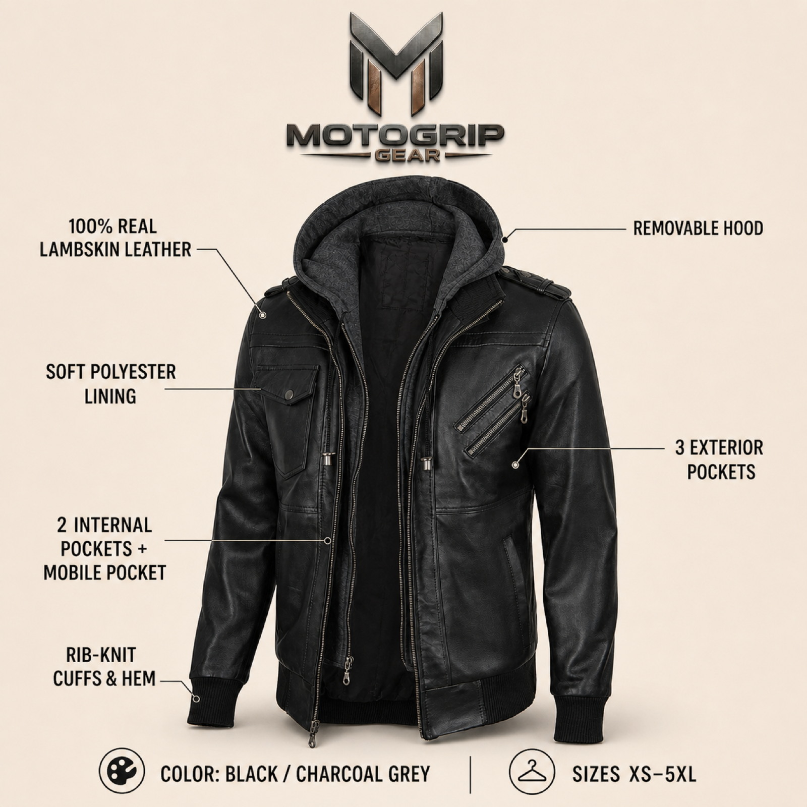Men's Black and Charcoal-Grey Removable-Hood Lambskin Bomber Jacket image 6