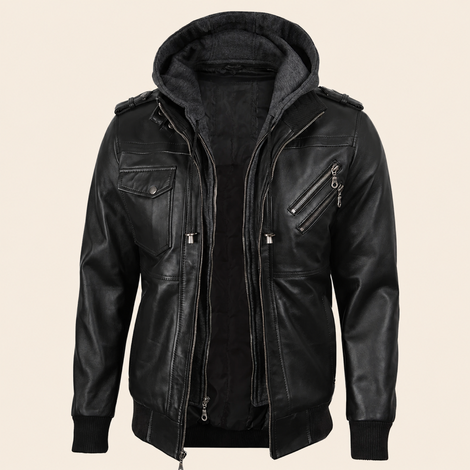 Men's Black and Charcoal-Grey Removable-Hood Lambskin Bomber Jacket image 7
