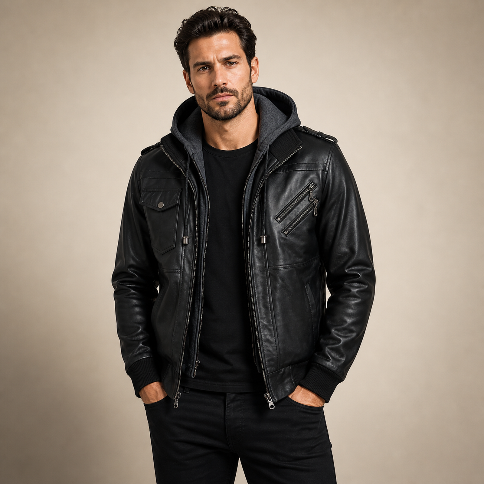 MOTOGRIP GEAR men's black lambskin bomber jacket with removable grey hood model front view.