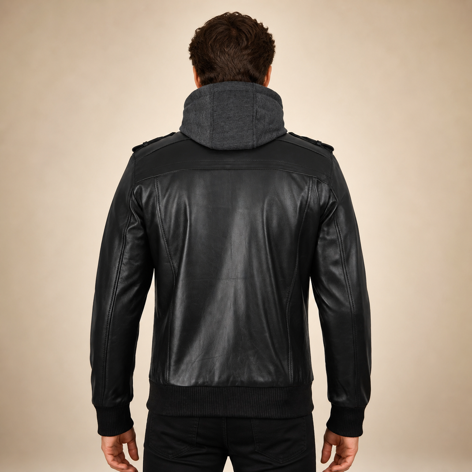 Men's Black Lambskin Leather Bomber Jacket With Removable Grey Hood image 2