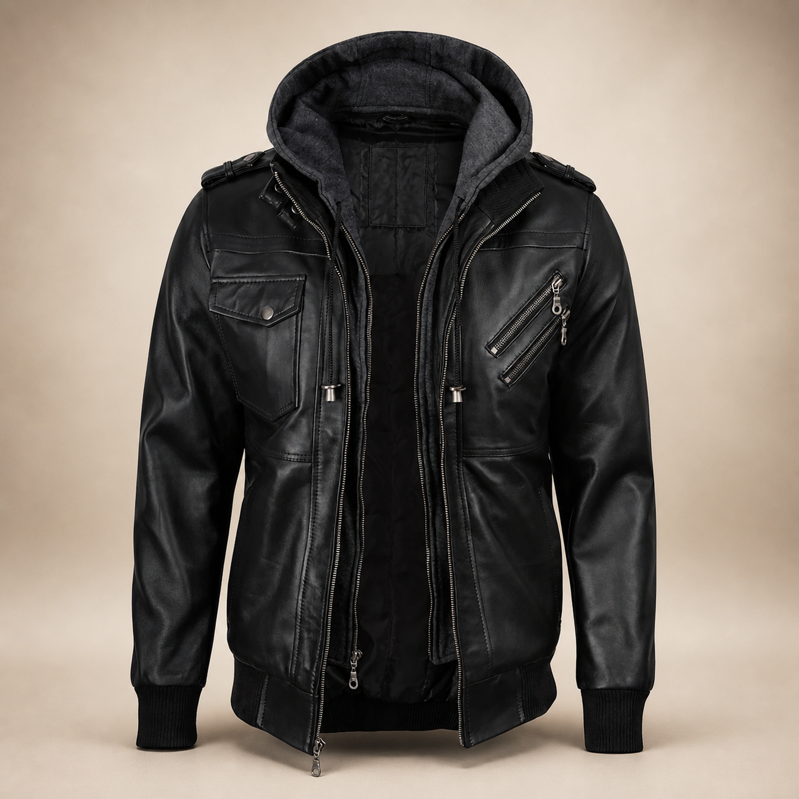 Men's Black Lambskin Leather Bomber Jacket With Removable Grey Hood image 3