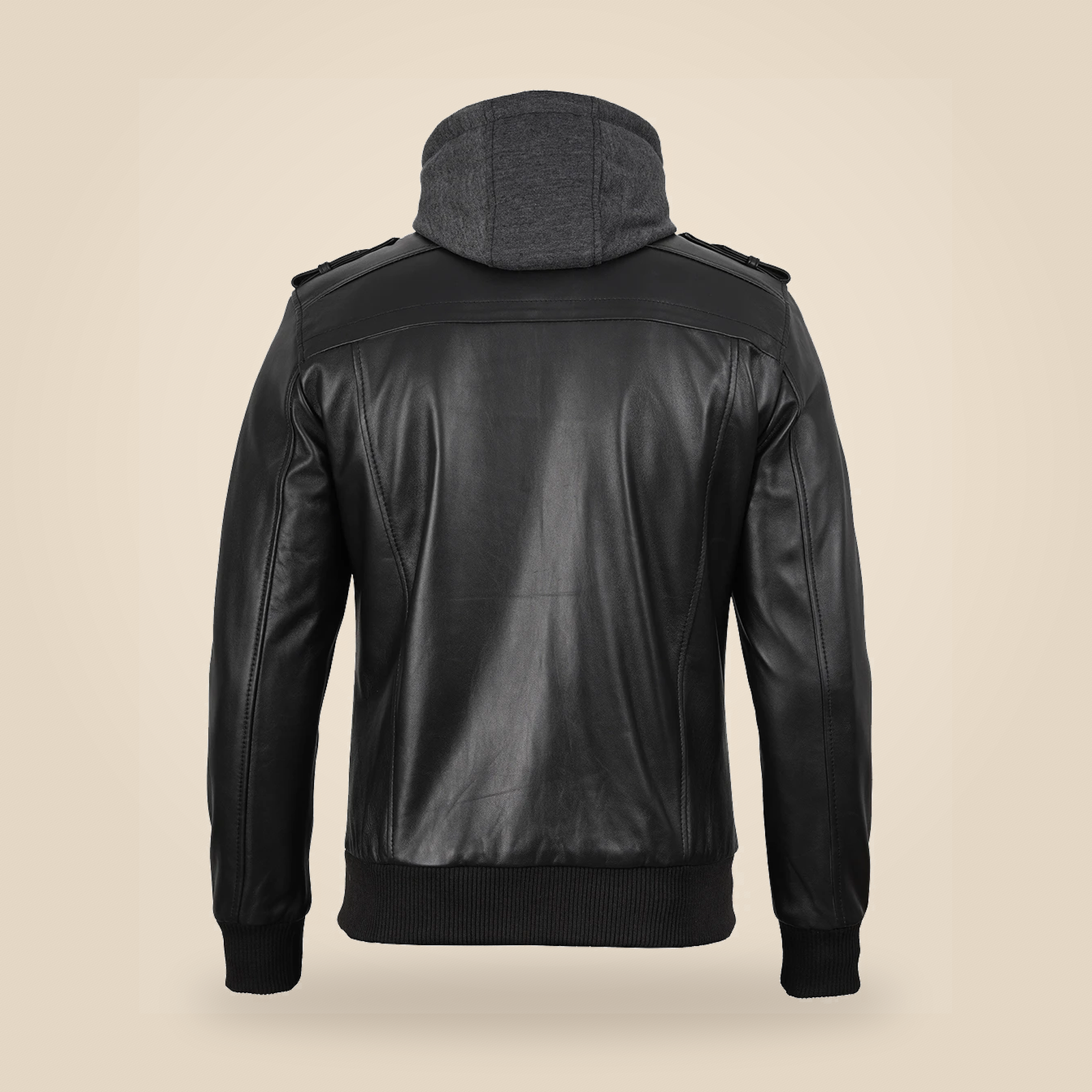 Men's Black Lambskin Leather Bomber Jacket With Removable Grey Hood image 4