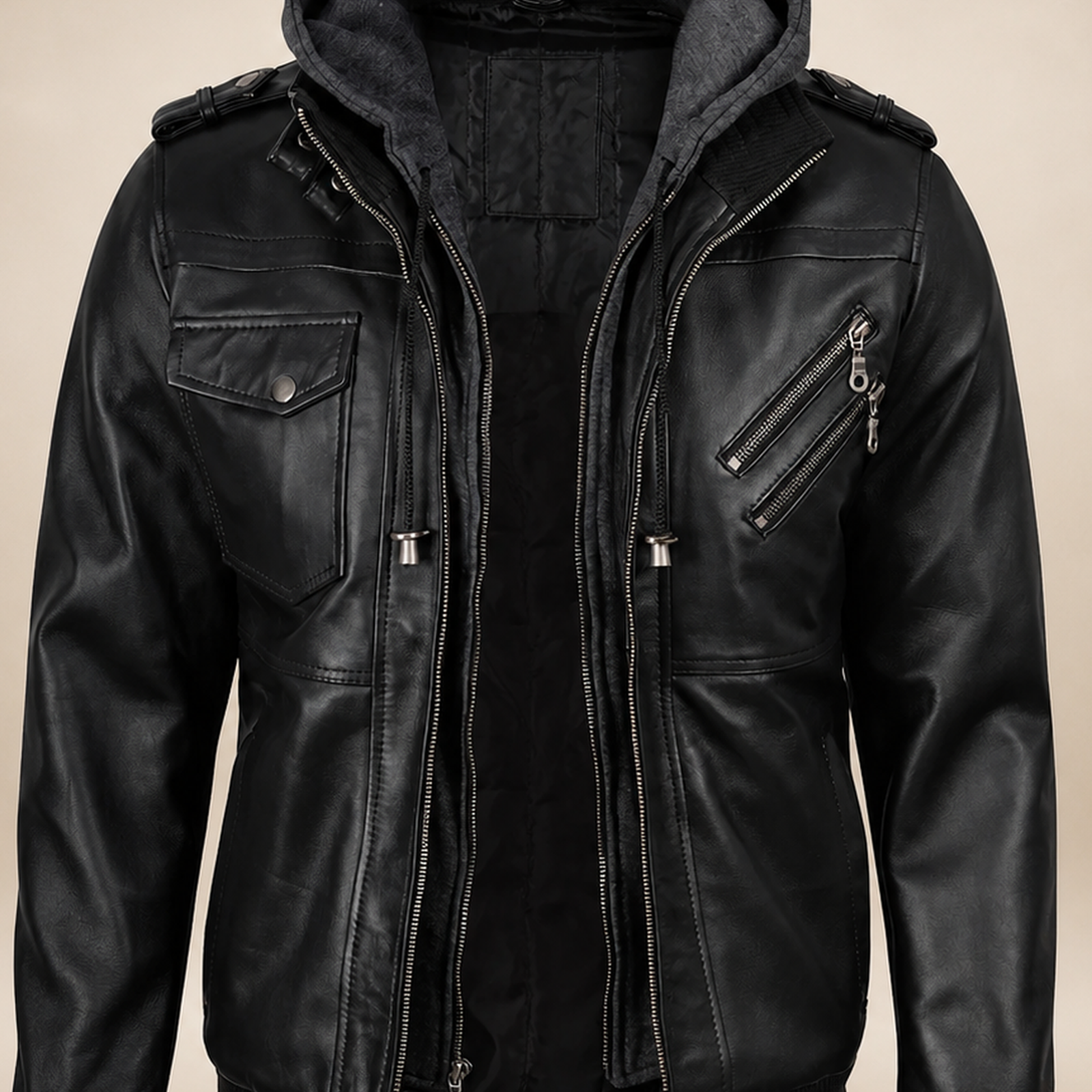 Men's Black Lambskin Leather Bomber Jacket With Removable Grey Hood image 5