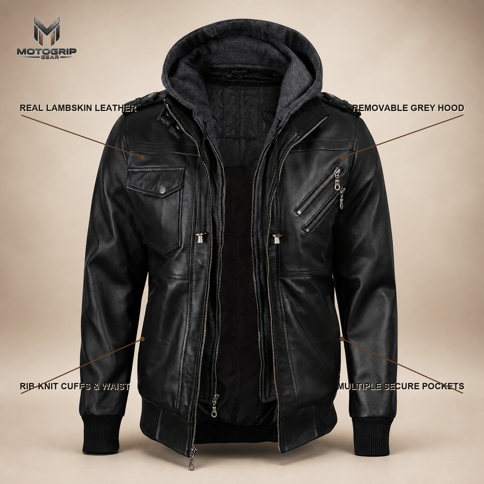Men's Black Lambskin Leather Bomber Jacket With Removable Grey Hood image 6