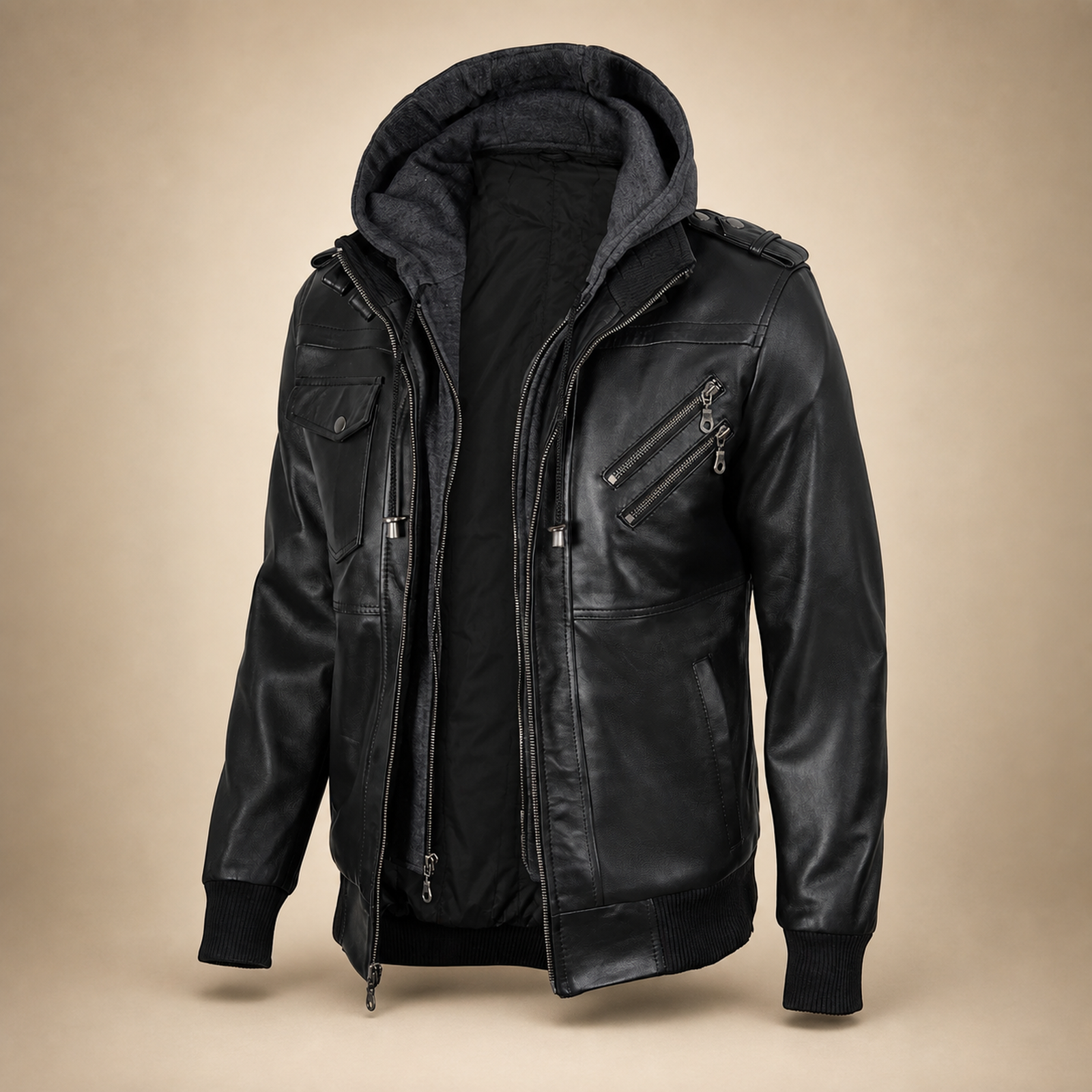 Men's Black Lambskin Leather Bomber Jacket With Removable Grey Hood image 7
