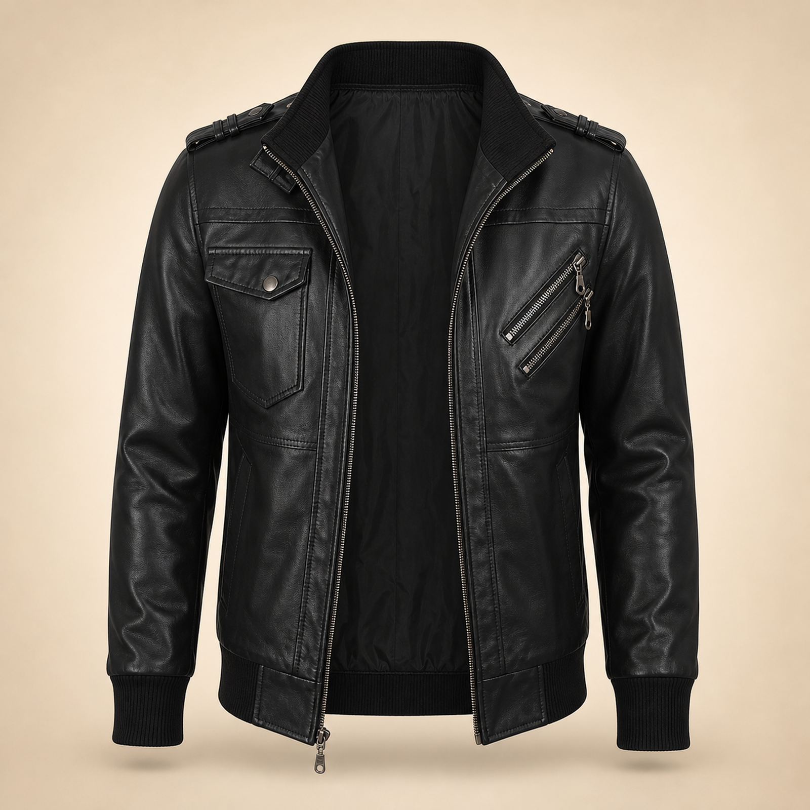 Men's Black Lambskin Leather Bomber Jacket With Removable Grey Hood image 8