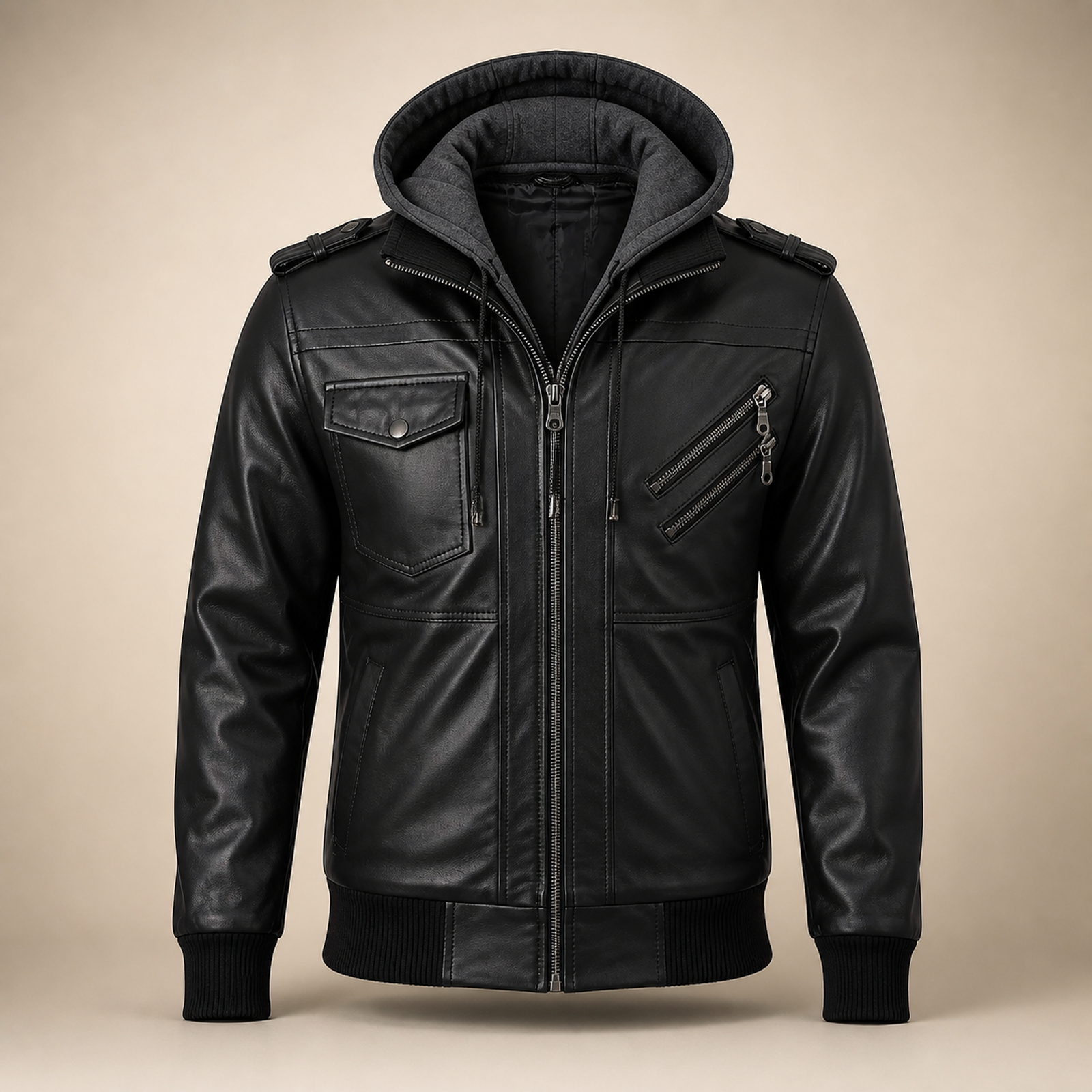 Men's Black Lambskin Leather Bomber Jacket With Removable Grey Hood image 9