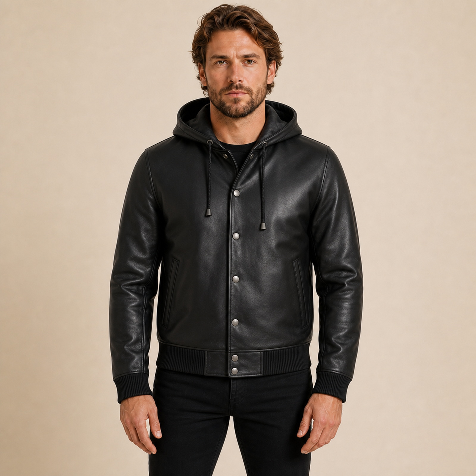 MOTOGRIP GEAR men's black leather varsity jacket with hood worn by model, front view on warm beige background.