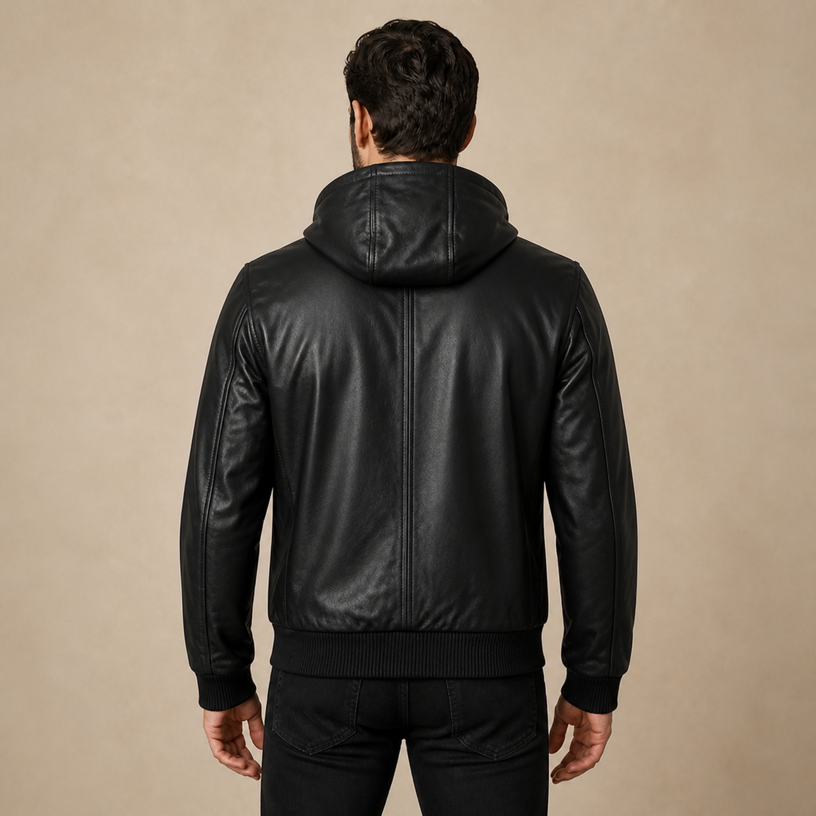 Men's Black Leather Varsity Jacket With Hood image 2