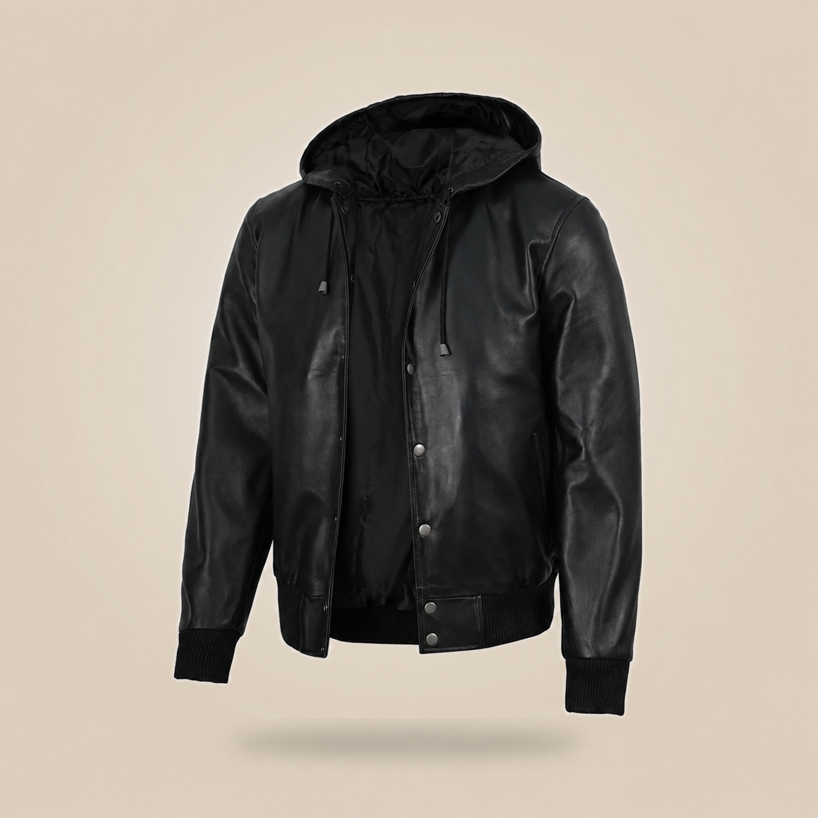 Men's Black Leather Varsity Jacket With Hood image 3