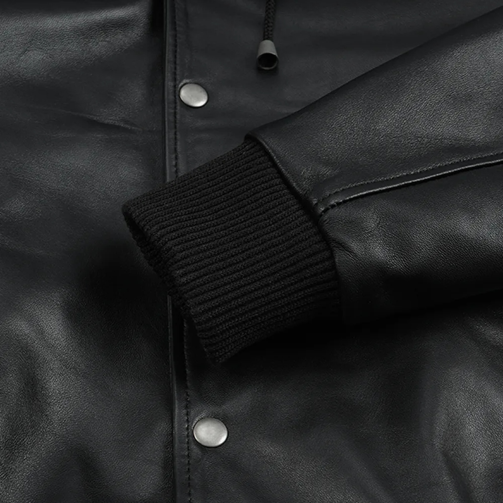 Men's Black Leather Varsity Jacket With Hood image 5