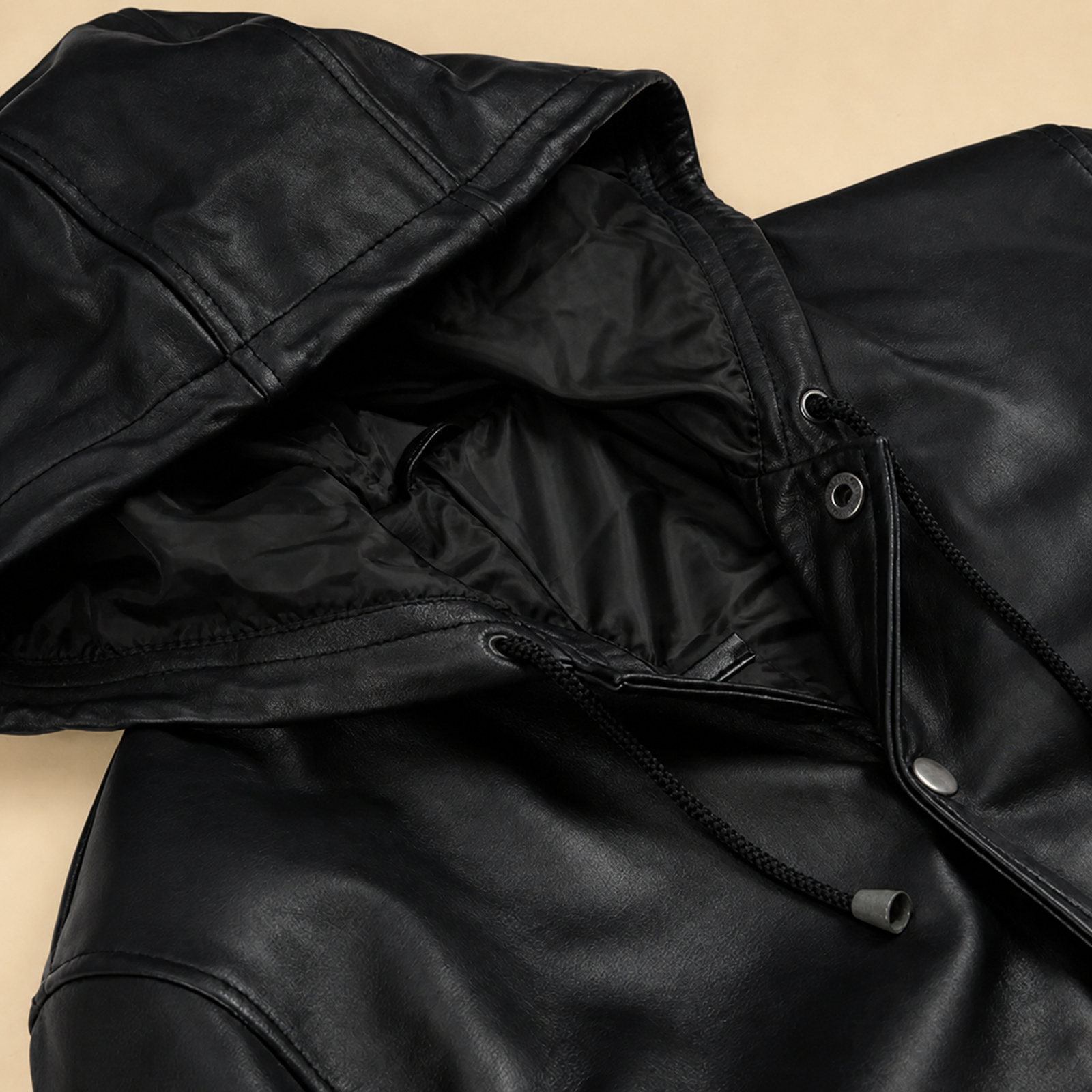 Men's Black Leather Varsity Jacket With Hood image 6