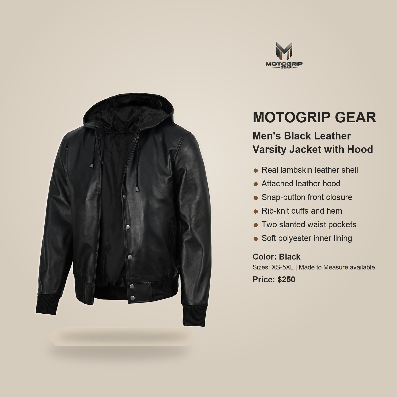 Men's Black Leather Varsity Jacket With Hood image 7