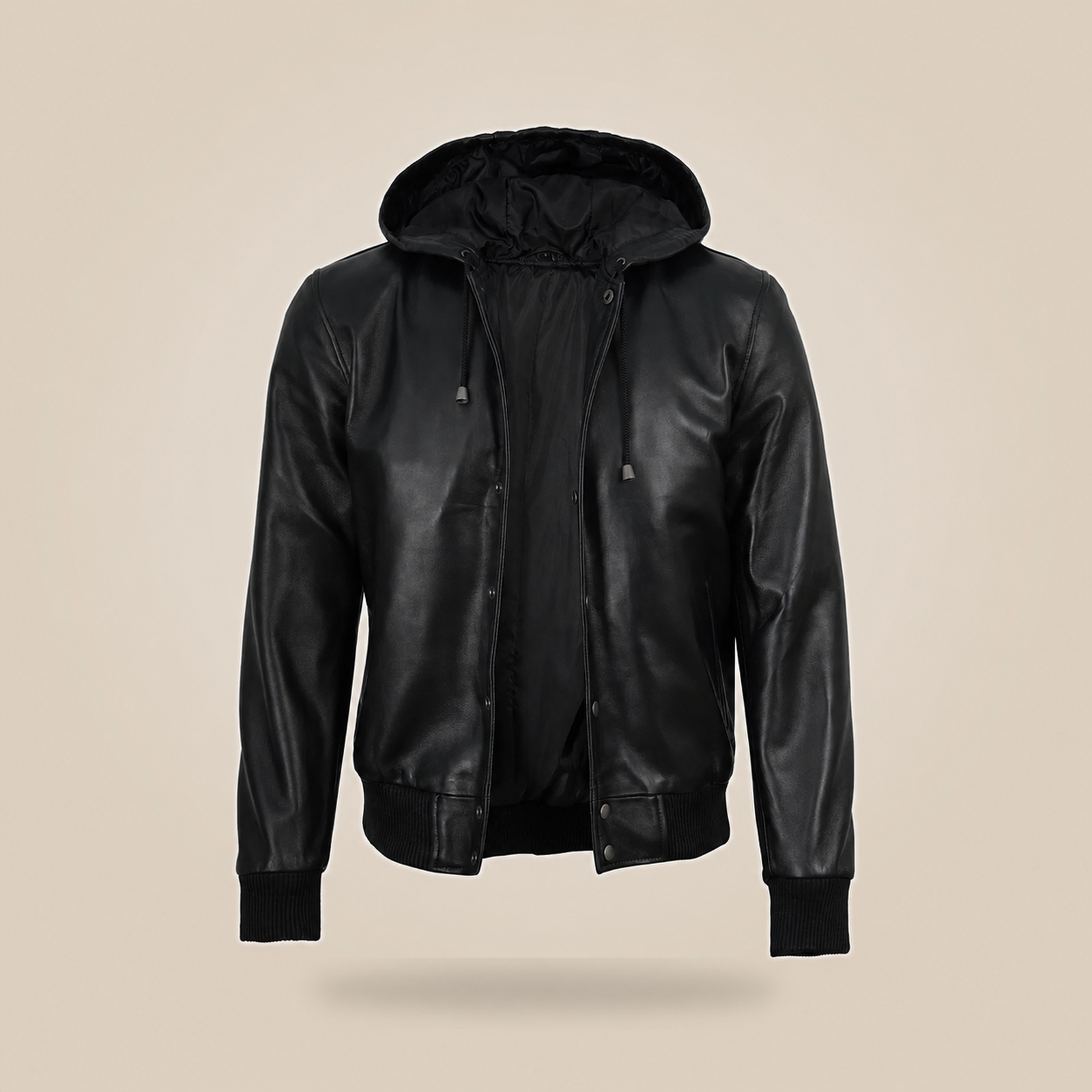 Men's Black Leather Varsity Jacket With Hood image 8
