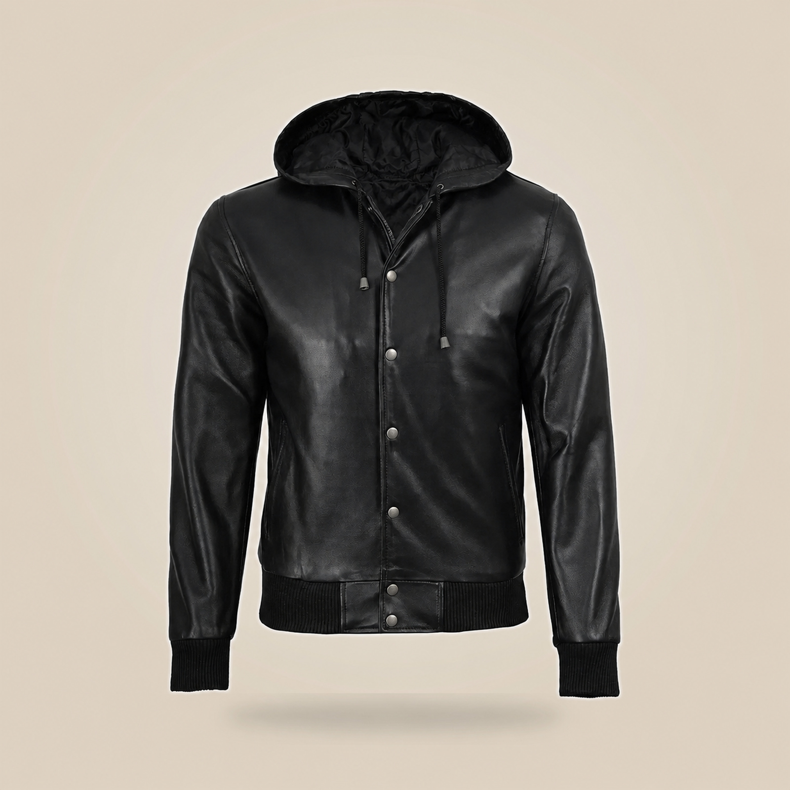 Men's Black Leather Varsity Jacket With Hood image 9