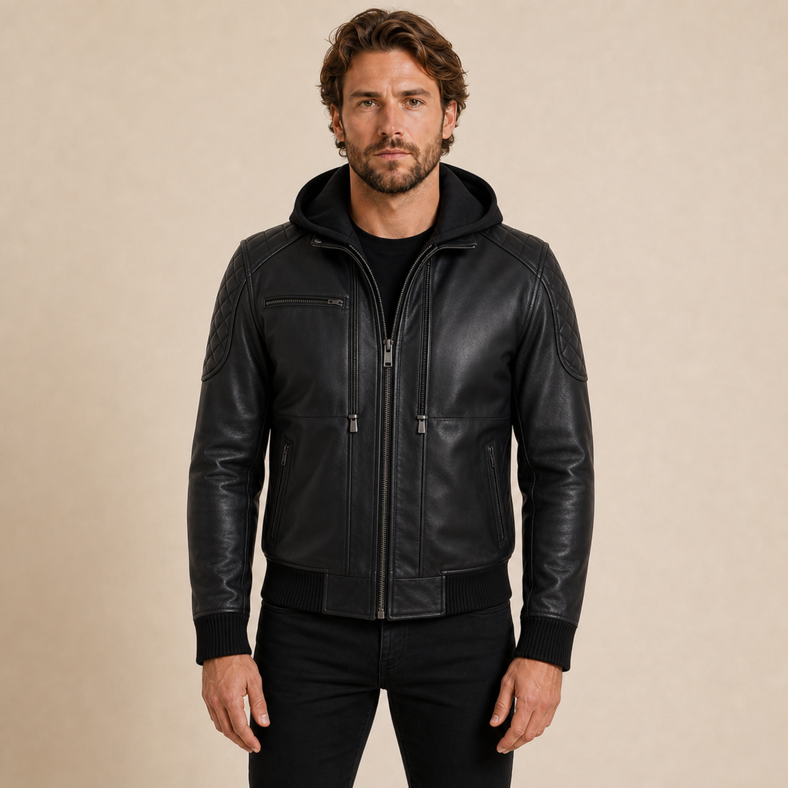 Man wearing a MOTOGRIP GEAR black quilted-shoulder hooded lambskin bomber jacket, front view.