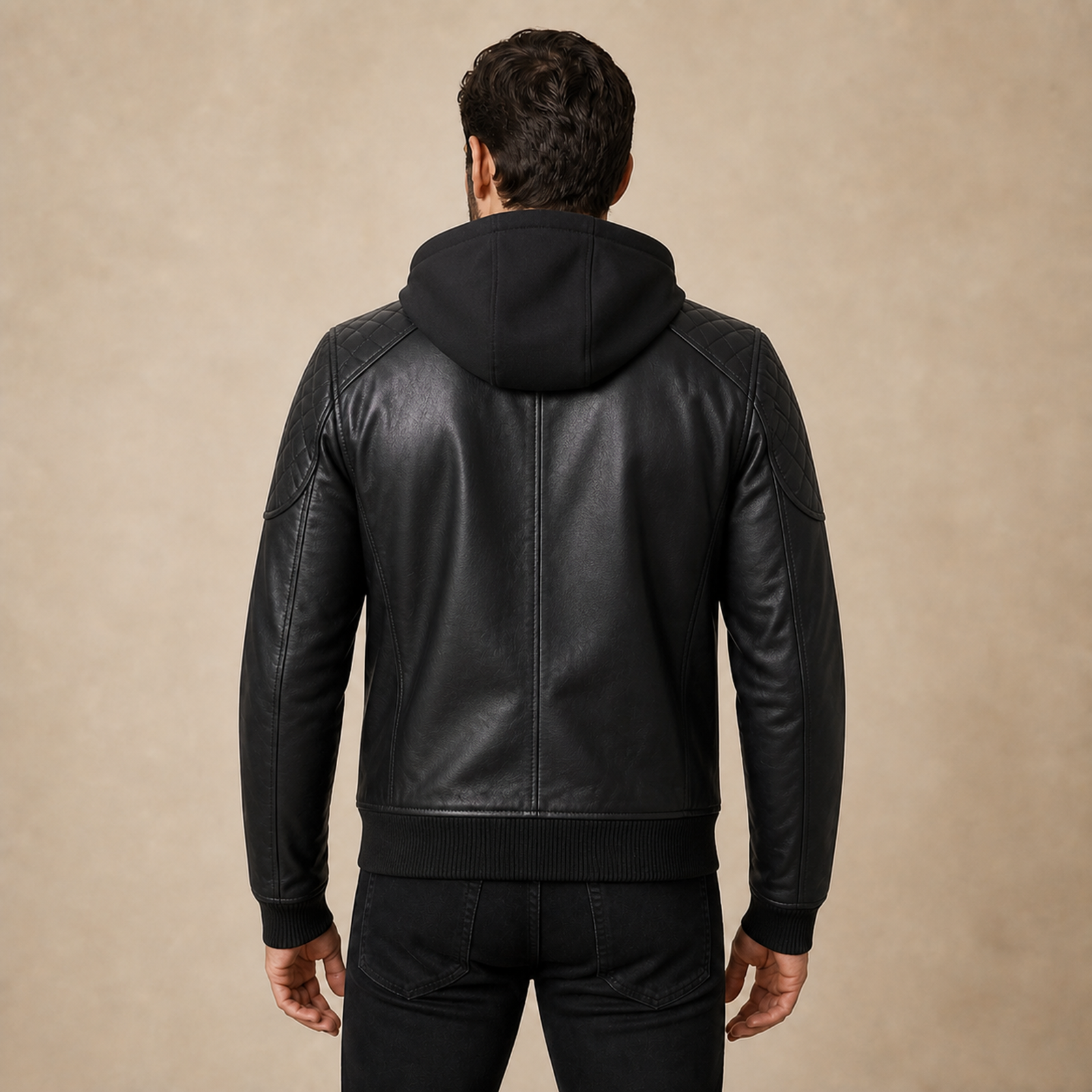 Men's Black Quilted-Shoulder Removable-Hood Lambskin Bomber Jacket image 2