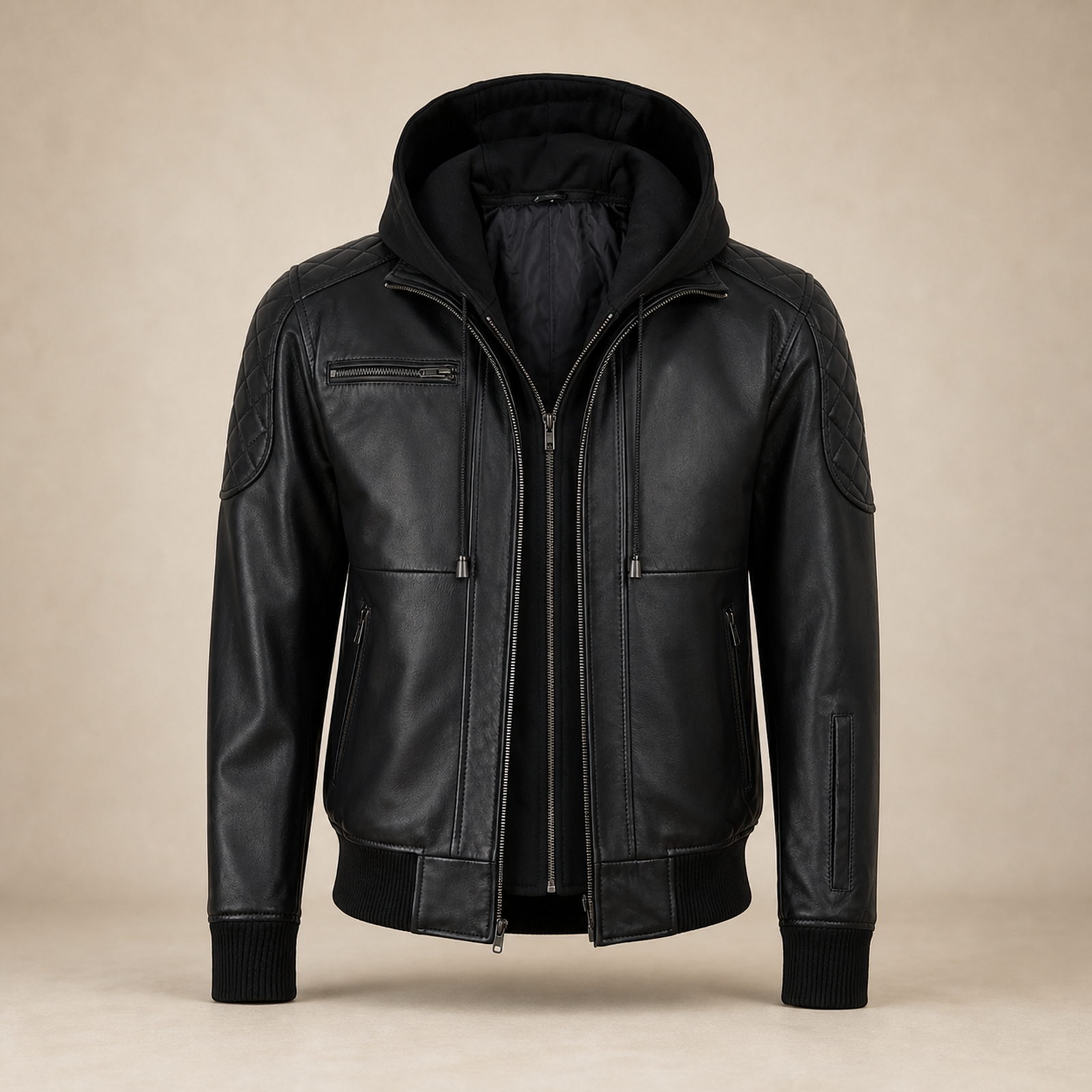 Men's Black Quilted-Shoulder Removable-Hood Lambskin Bomber Jacket image 3