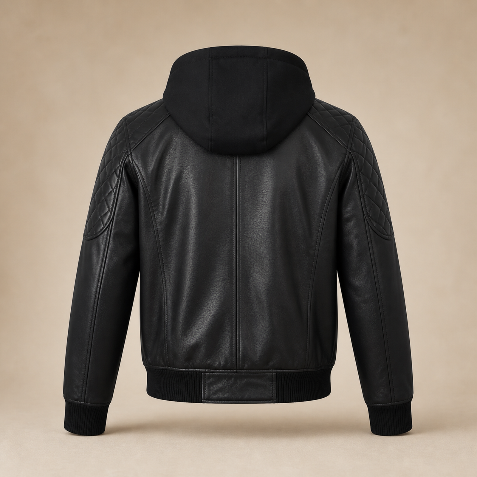 Men's Black Quilted-Shoulder Removable-Hood Lambskin Bomber Jacket image 4