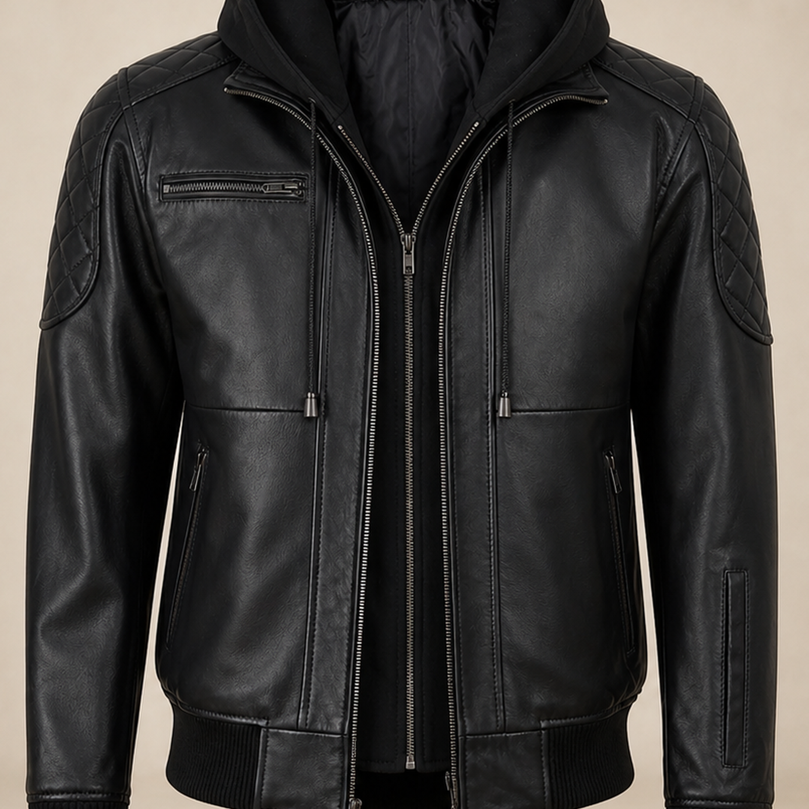 Men's Black Quilted-Shoulder Removable-Hood Lambskin Bomber Jacket image 5