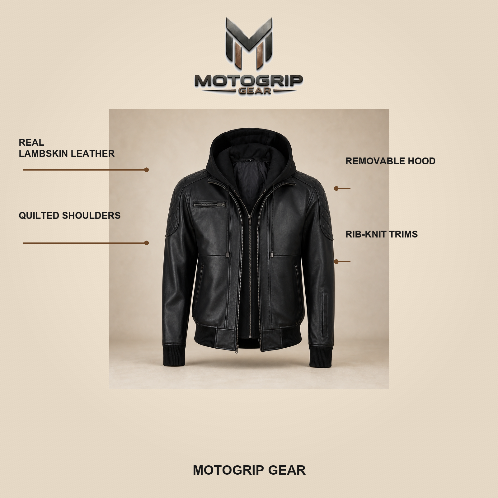 Men's Black Quilted-Shoulder Removable-Hood Lambskin Bomber Jacket image 6