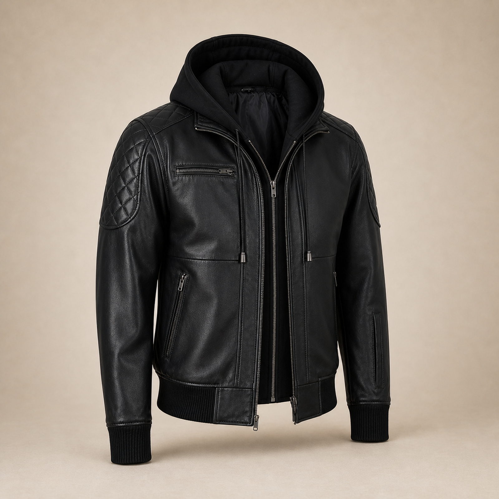 Men's Black Quilted-Shoulder Removable-Hood Lambskin Bomber Jacket image 7
