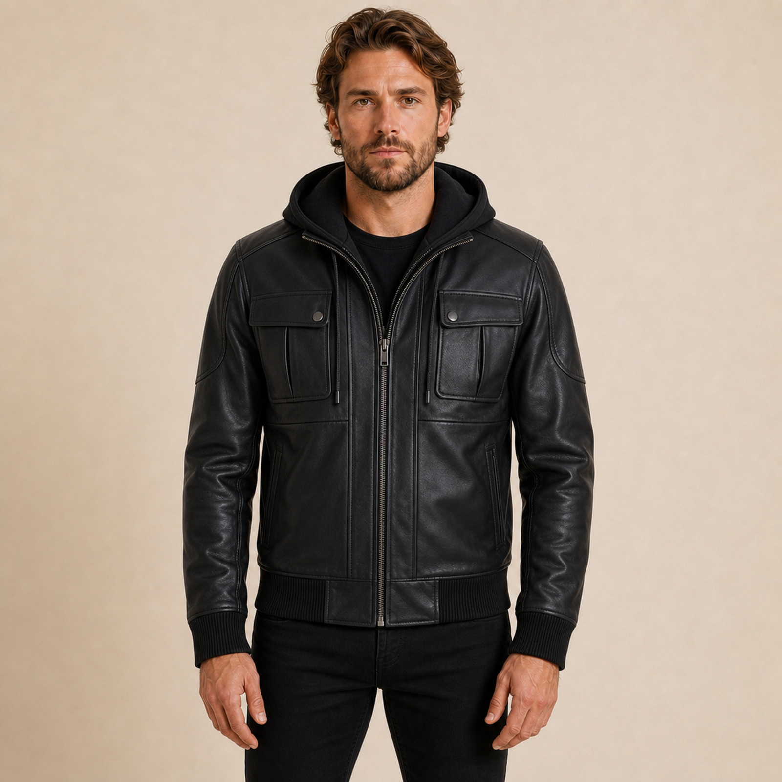 MOTOGRIP GEAR men's black real leather bomber jacket with detachable hood worn by model, front view on warm beige background.