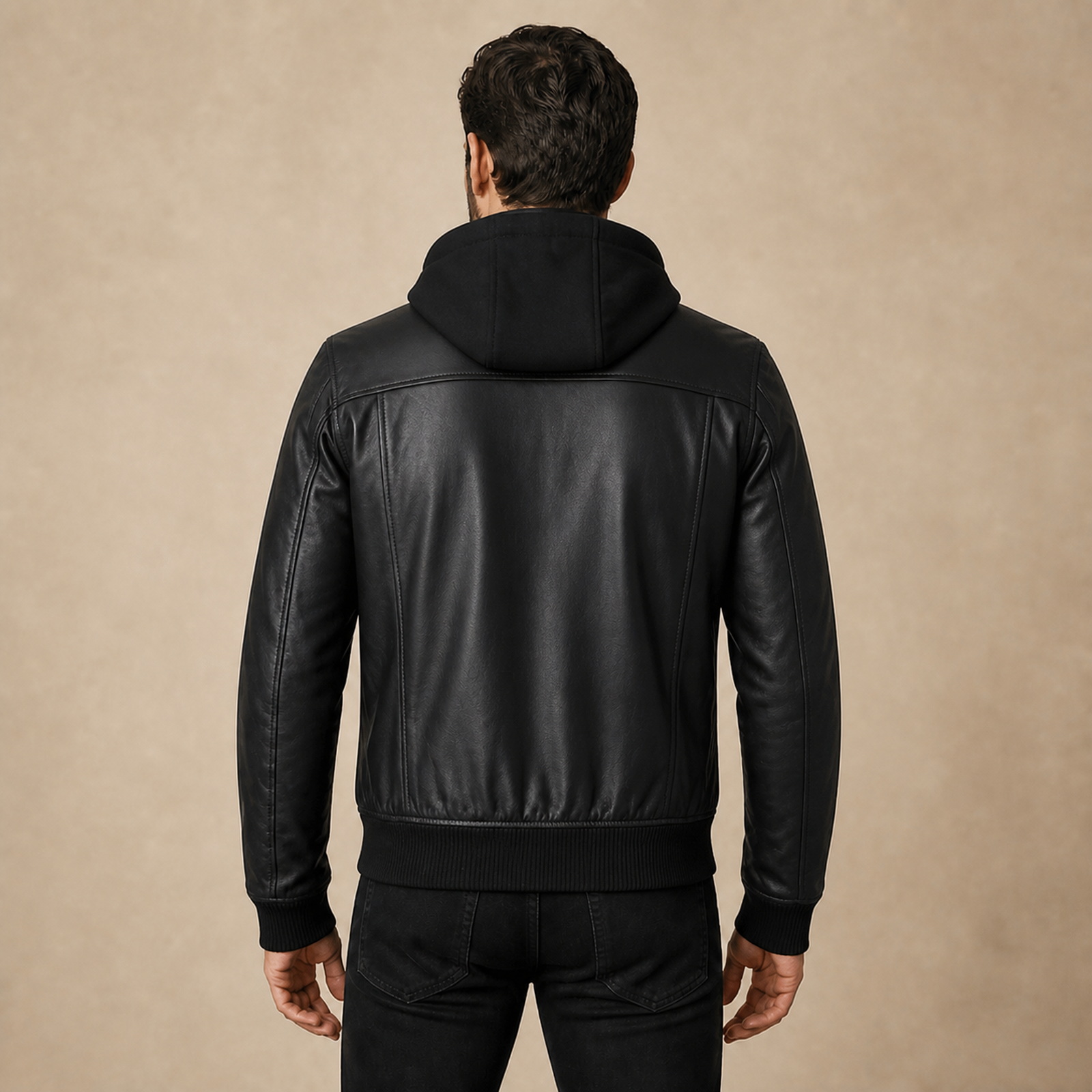 Men's Black Real Leather Bomber Jacket With Detachable Hood image 2