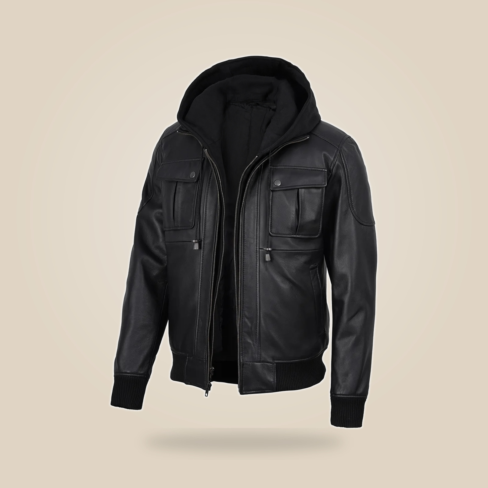 Men's Black Real Leather Bomber Jacket With Detachable Hood image 3
