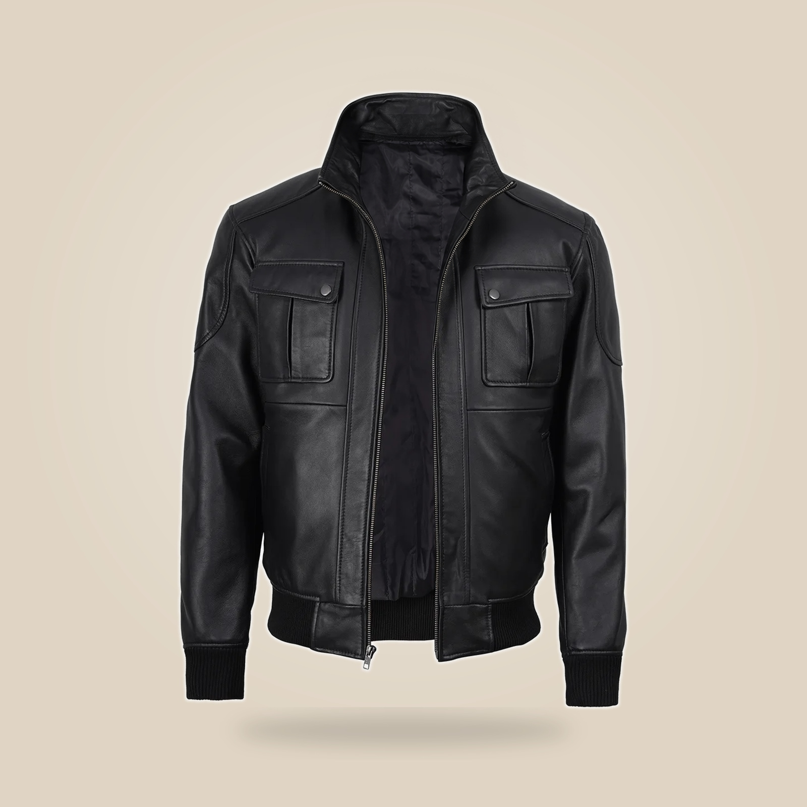 Men's Black Real Leather Bomber Jacket With Detachable Hood image 5