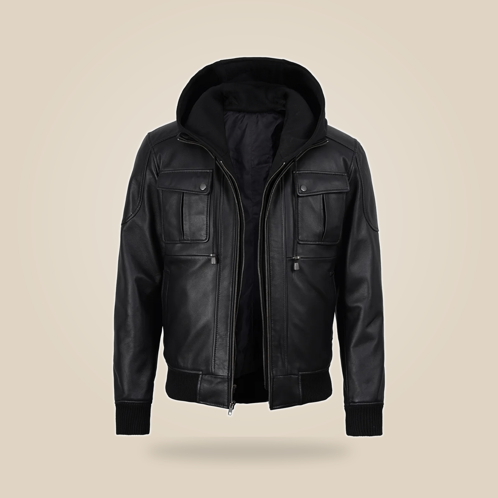 Men's Black Real Leather Bomber Jacket With Detachable Hood image 6