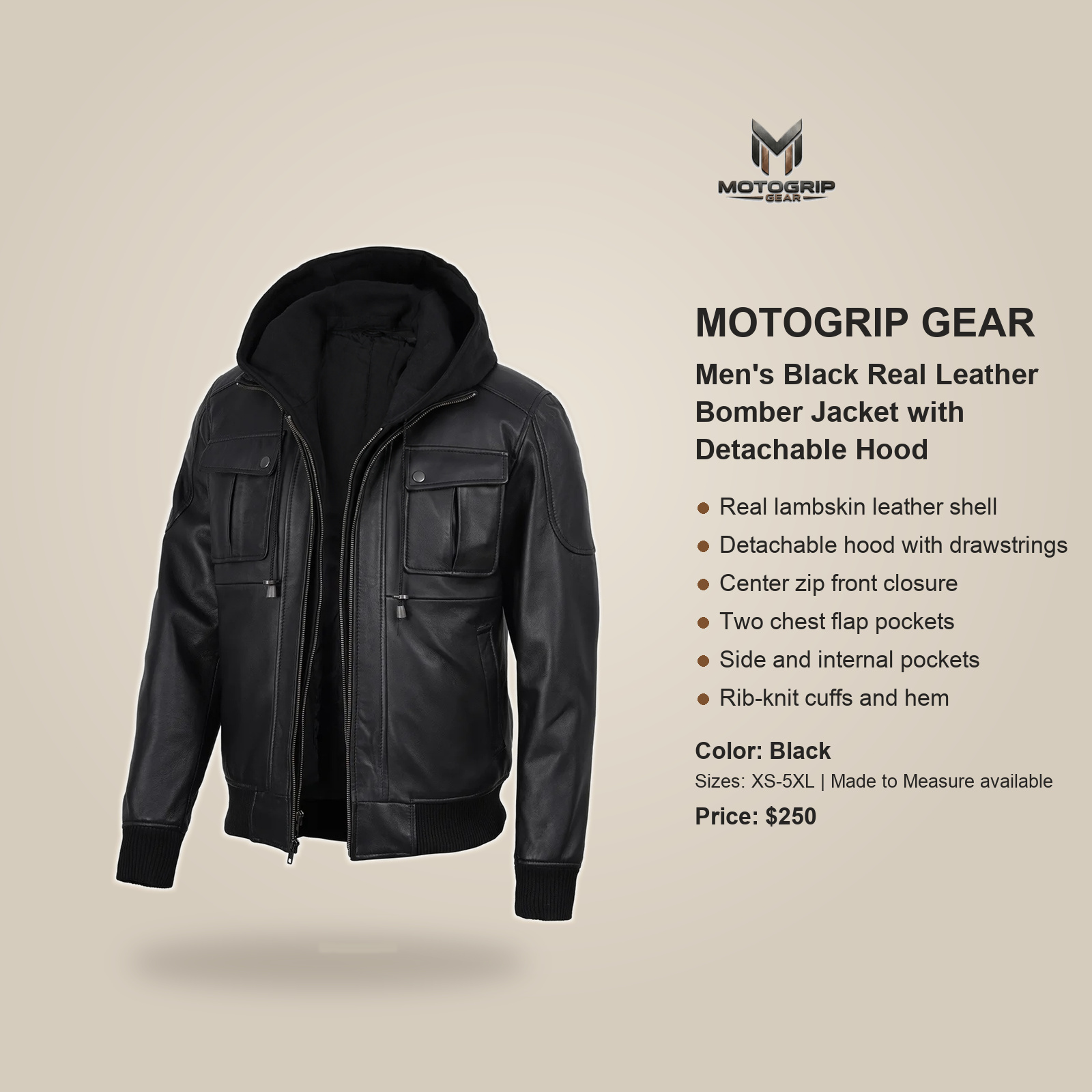 Men's Black Real Leather Bomber Jacket With Detachable Hood image 7