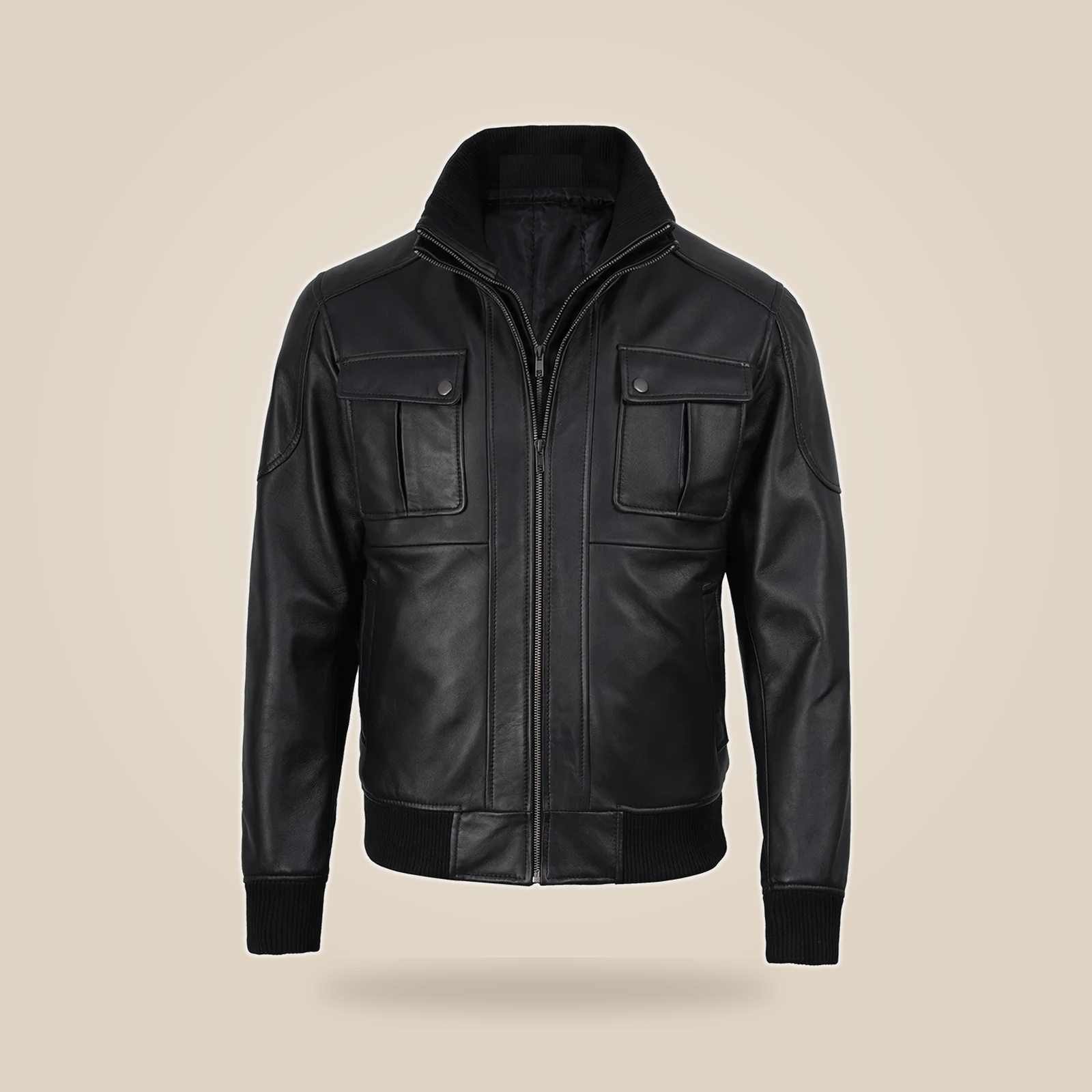 Men's Black Real Leather Bomber Jacket With Detachable Hood image 8