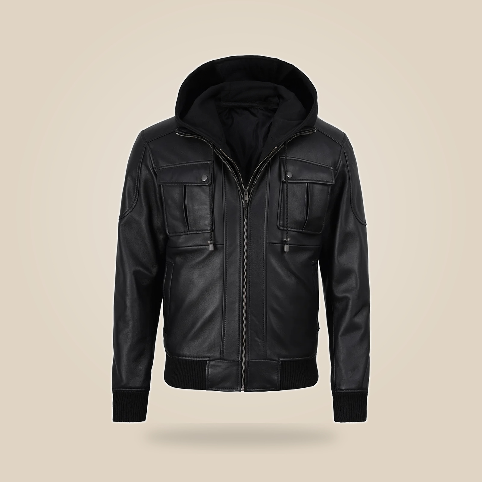 Men's Black Real Leather Bomber Jacket With Detachable Hood image 9