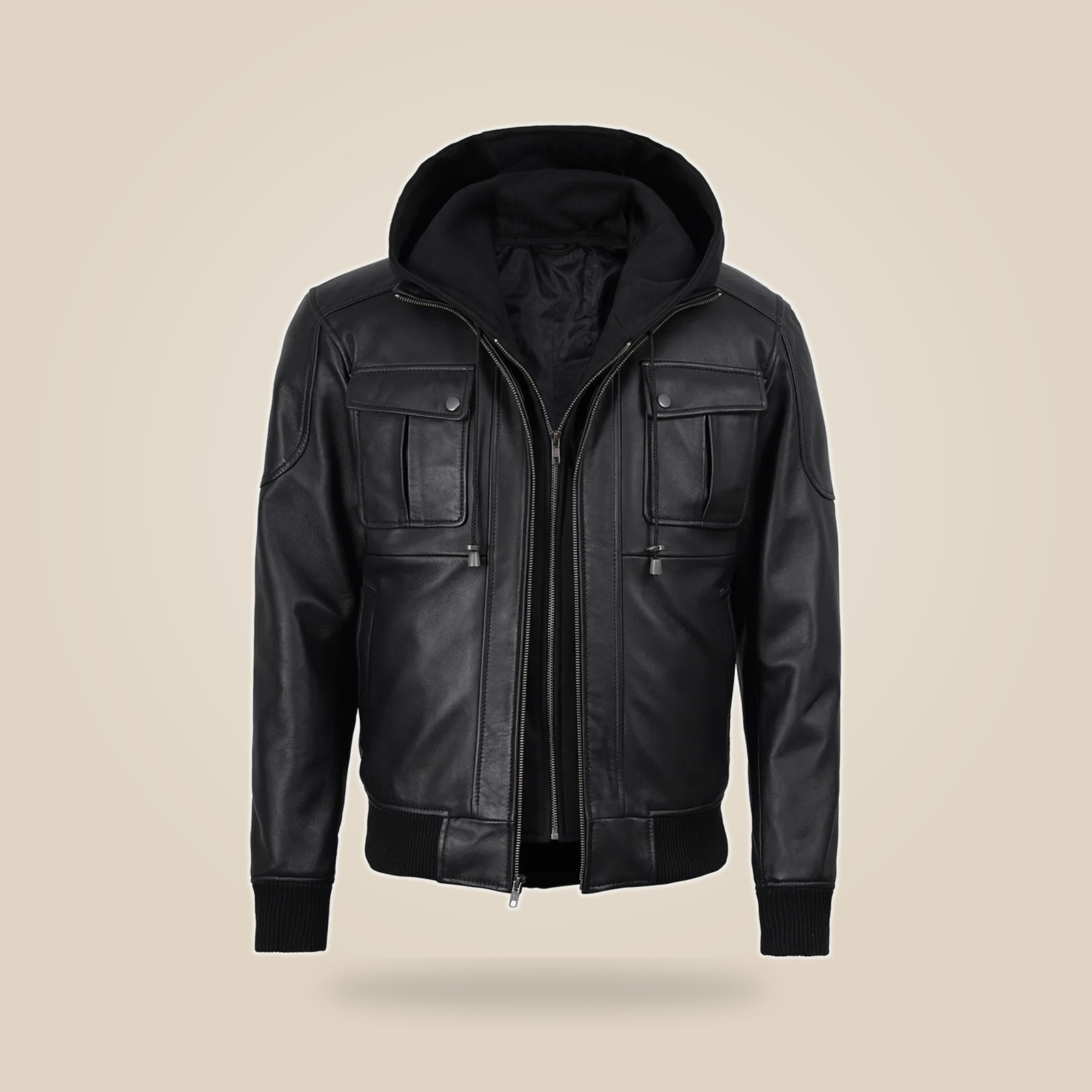 Men's Black Real Leather Bomber Jacket With Detachable Hood image 10