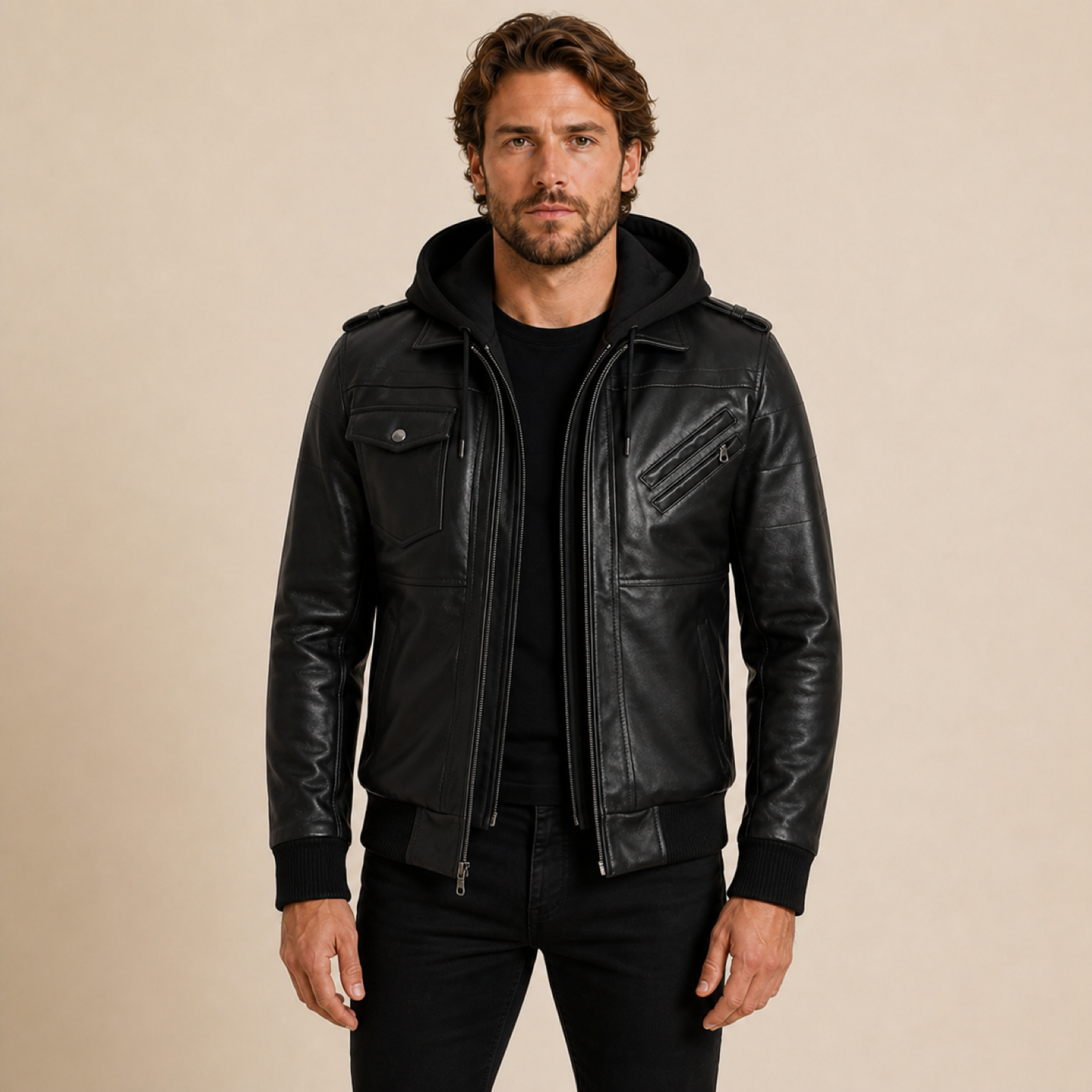 Man wearing a MOTOGRIP GEAR black lambskin leather jacket with a removable hood, front view.