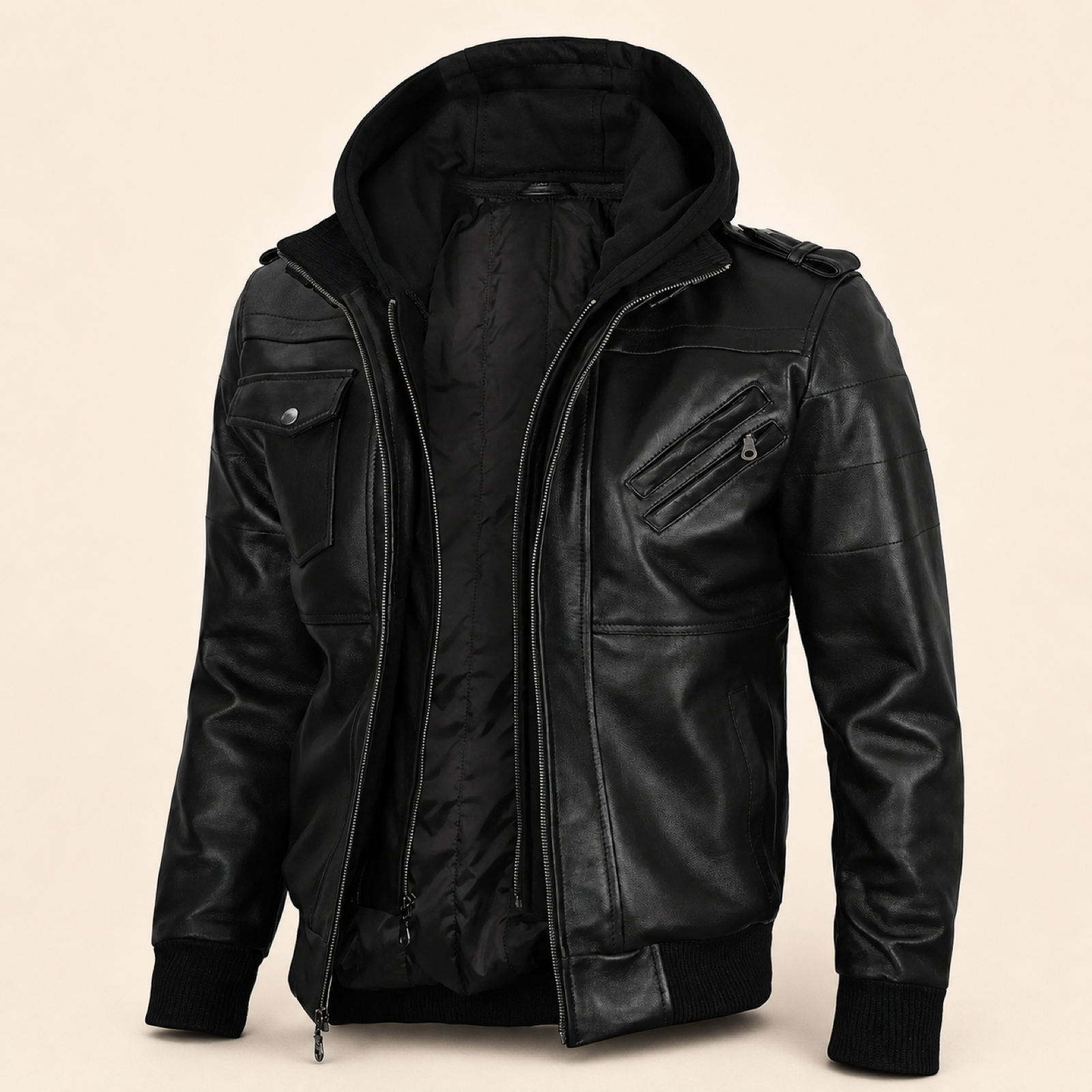 Men's Black Removable-Hood Lambskin Leather Jacket image 3