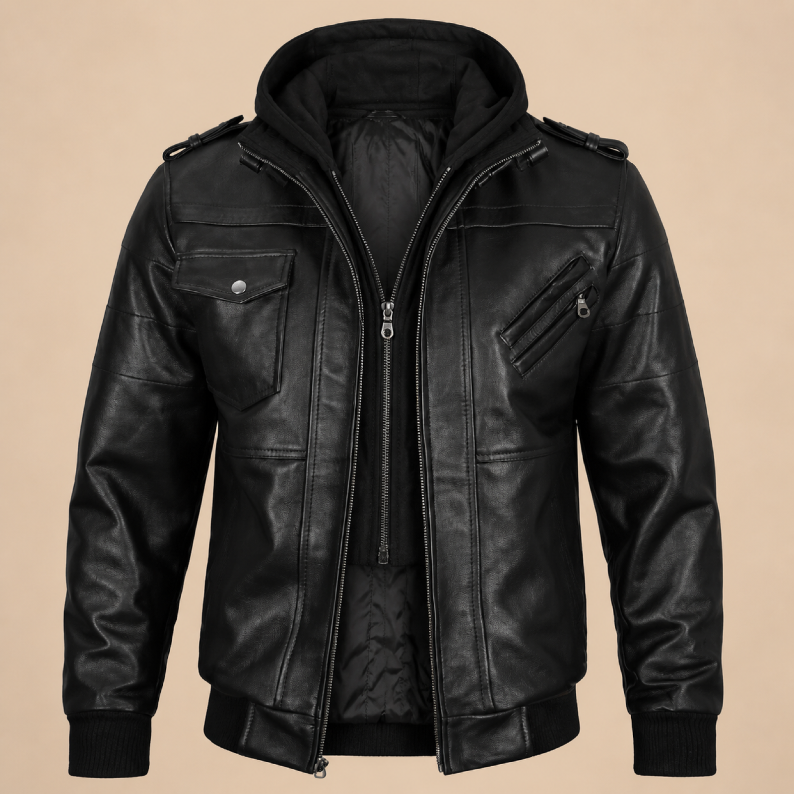 Men's Black Removable-Hood Lambskin Leather Jacket image 5