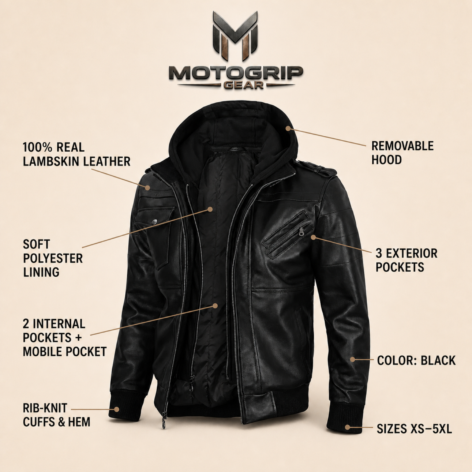 Men's Black Removable-Hood Lambskin Leather Jacket image 6